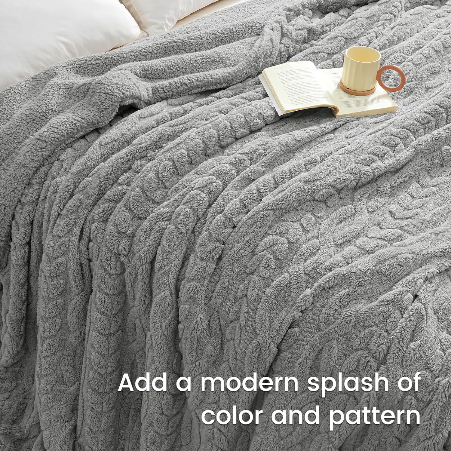PHF Fluffy Sherpa Blanket Queen Size for Winter, Warm and Soft, 510GSM 3D Jacquard Thick Shaggy Fleece Plush Blanket for Sofa Bed, Grey, 90"x90" - Image 8