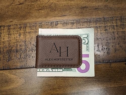 Miniatura 6 de Personalized Engraved Money Clip with Magnetic Closure, Custom Engraved Minimalist Leather For Him (Dark Brown)