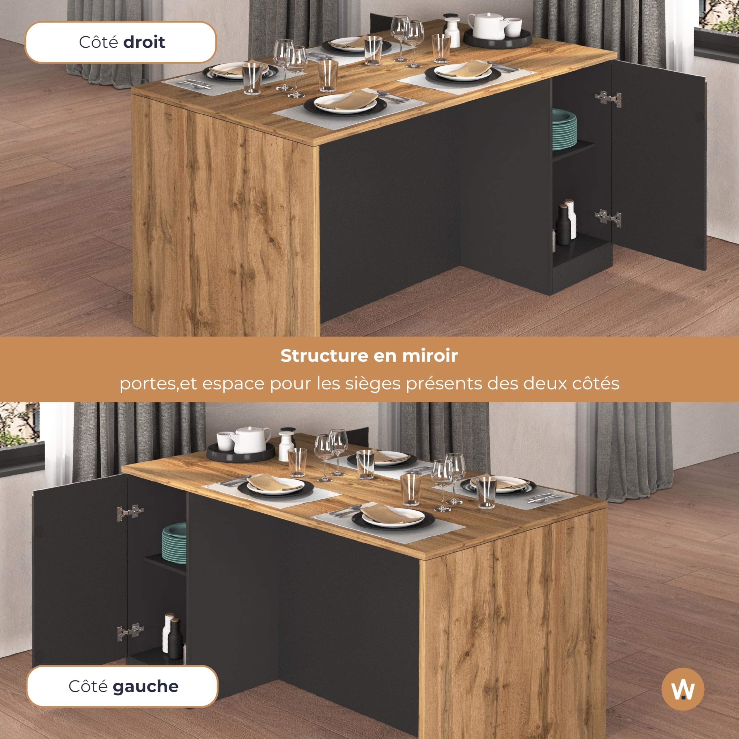 WHOUS Îlot de Cuisine Sole avec 2 Portes, Table à Manger et Plan de Travail, Idéal pour Cuisines Ouvertes et Petits Espaces, Dimensions 160 x 90 x 90 cm, Bicolore Anthracite Opaque et Chêne