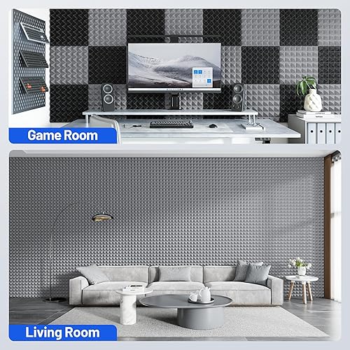 Miniatura 7 de Paquete de 12 paneles de espuma piramidales a prueba de sonido para paredes con paneles acústicos de alta densidad autoadhesivos actualizados de 3 x