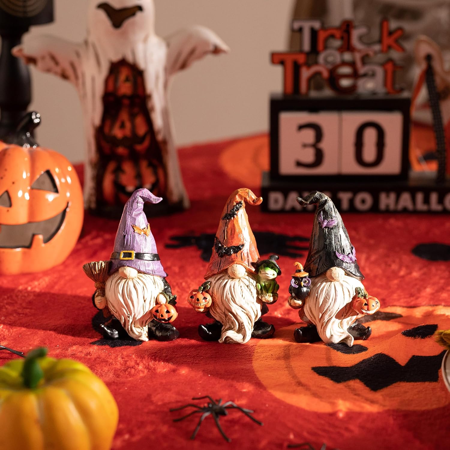 Valery Madelyn Gnomes Halloween Decorations Indoor, 3 Pcs Resin Gnome Decor for Home with Bat Witch Hat, Halloween Figurines Elf Dwarf with Broom Jack O Lantern for Table Tiered Tray Outdoor, 3.6"