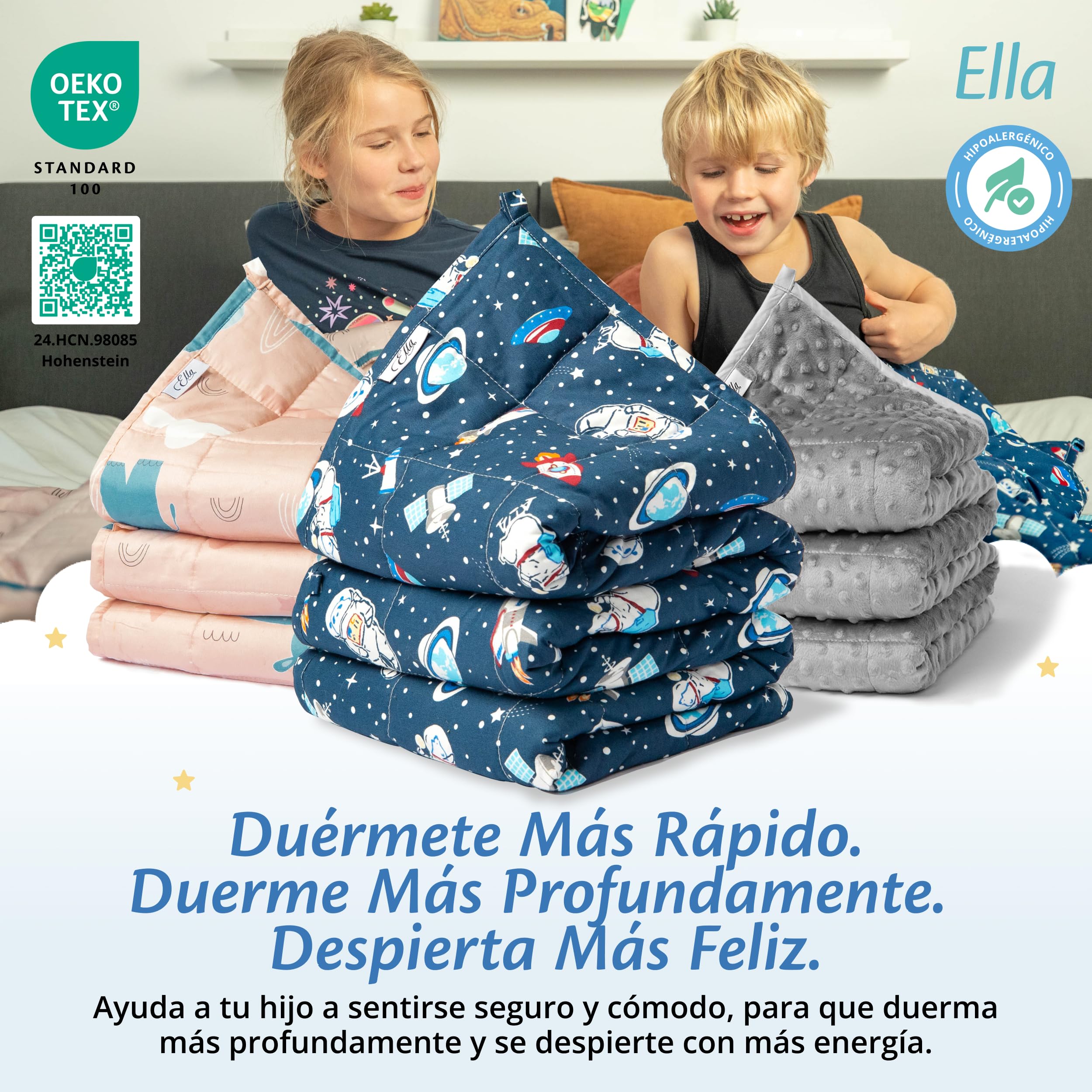 Ella Manta Pesada para Niños 2,4 kg 90x120 cm – Manta Terapéutica, para Reducción de Estrés y Ansiedad, Perlas de Vidrio Hipoalergénicas, Capa Exterior de Algodón Suave y Refrescante, para Niños de 15