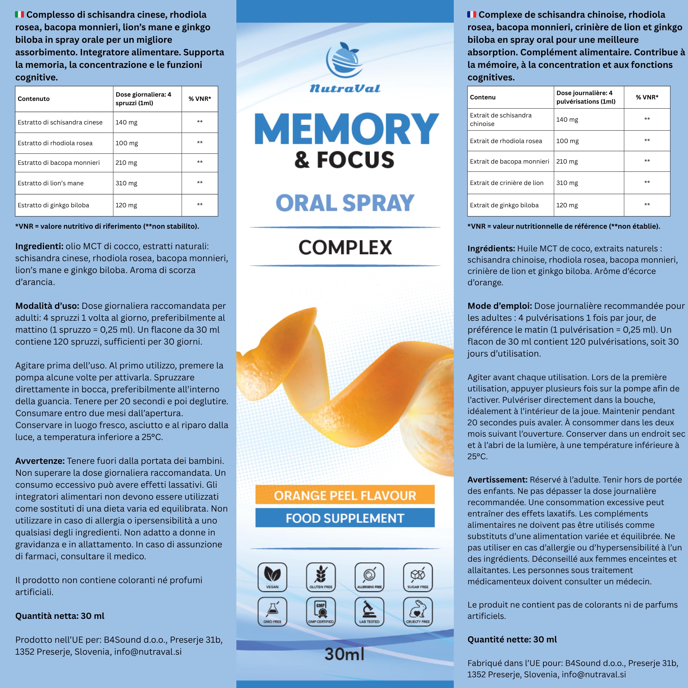 Spray Memoria e Concentrazione – Assorbimento rapido – senza compresse – con Bacopa, Ginkgo, Hericium, Rhodiola e Schisandra – Supporto cognitivo per mente e cervello – Vegano – 30 ml