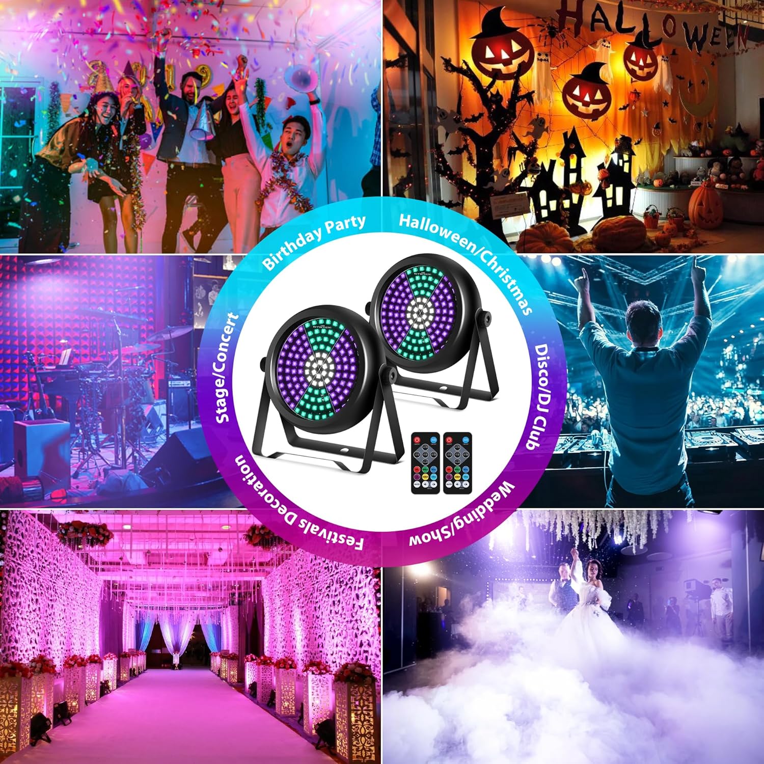 Strobe Lights for Christmas,2Pack 30W 126LEDs RGB+W+UV DJ Strobe Lights with Wireless Remote Control DMX512 Sound Activated DJ Stage Par Can Uplights for Wedding Party Club Halloween Lighting