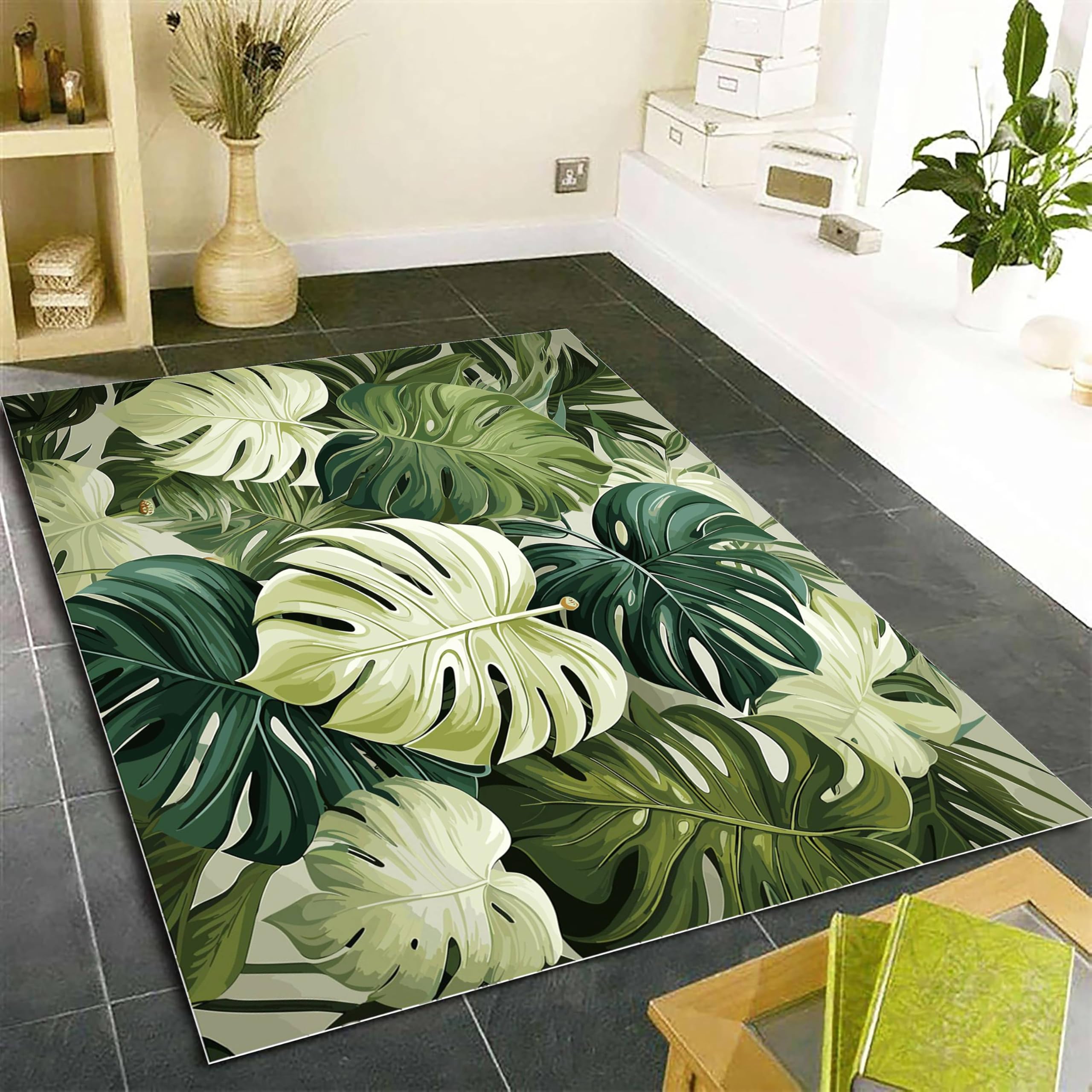 SOJAWA Vintage Area Rug, 70x140cm Tropical Monstera Living Room Rugs, Washable No Shedding Bedroom Study Durable Home Interior Carpet, Anti-Slip Carpets for High Traffic Areas