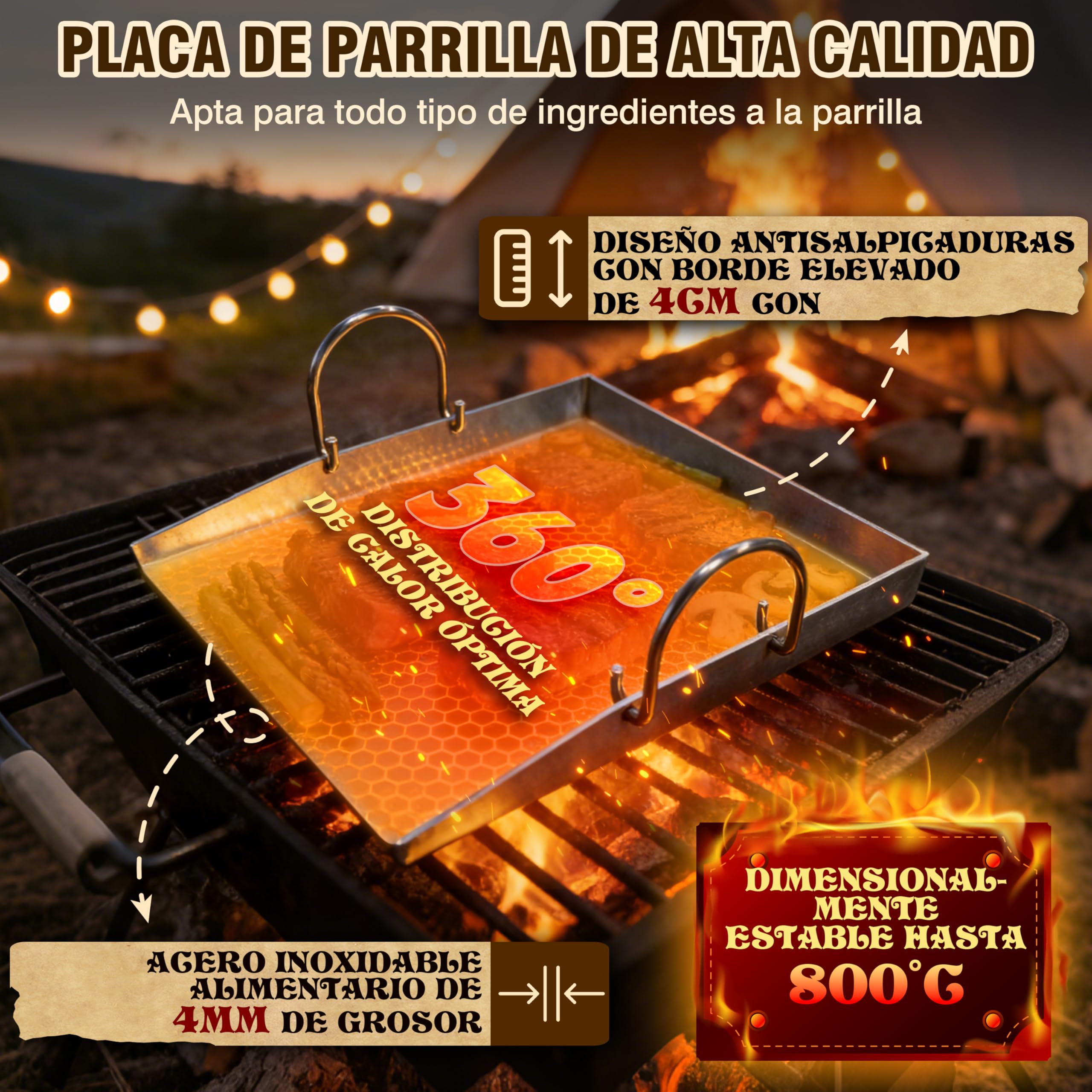 JONRRYIN Plancha de Acero Inoxidable 40 x 30 cm, Plancha Barbacoa con 2 Espátula, Mango Desmontable, Adecuado para Barbacoa de Gas y Barbacoa de Carbón (Tres aristas)