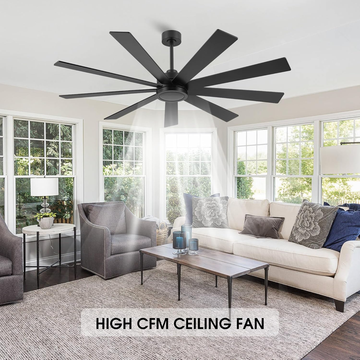 ELEHINSER 64" Ceiling Fan No Light, 6-Speed Noiseless Reversible DC Motor, 9 Blades Black Industrial Ceiling Fan with Remote and 4.5"/12" Downrods for Home or or Commercial Use