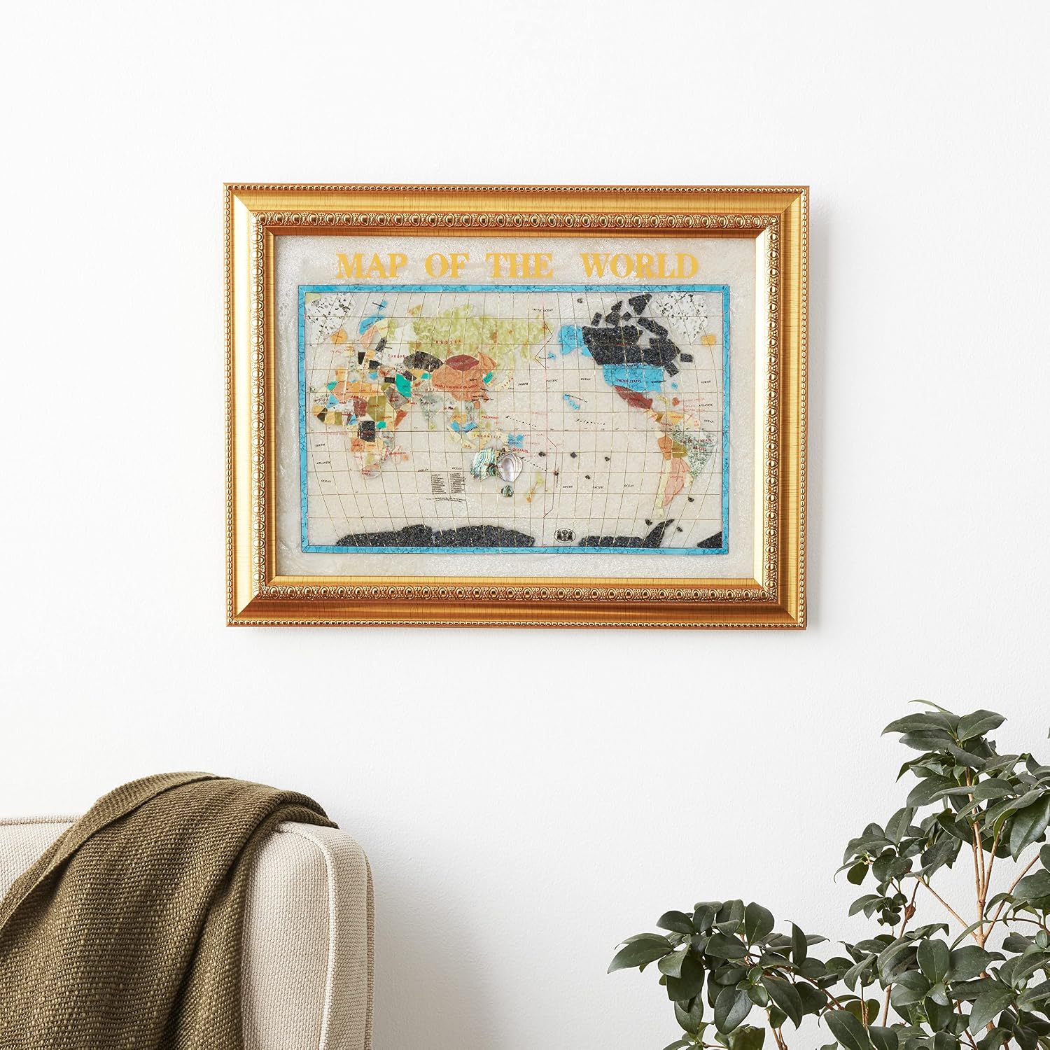 Unique Art 26-Inch Cross with Frame Pearl Ocean Gemstone World Map with Frame