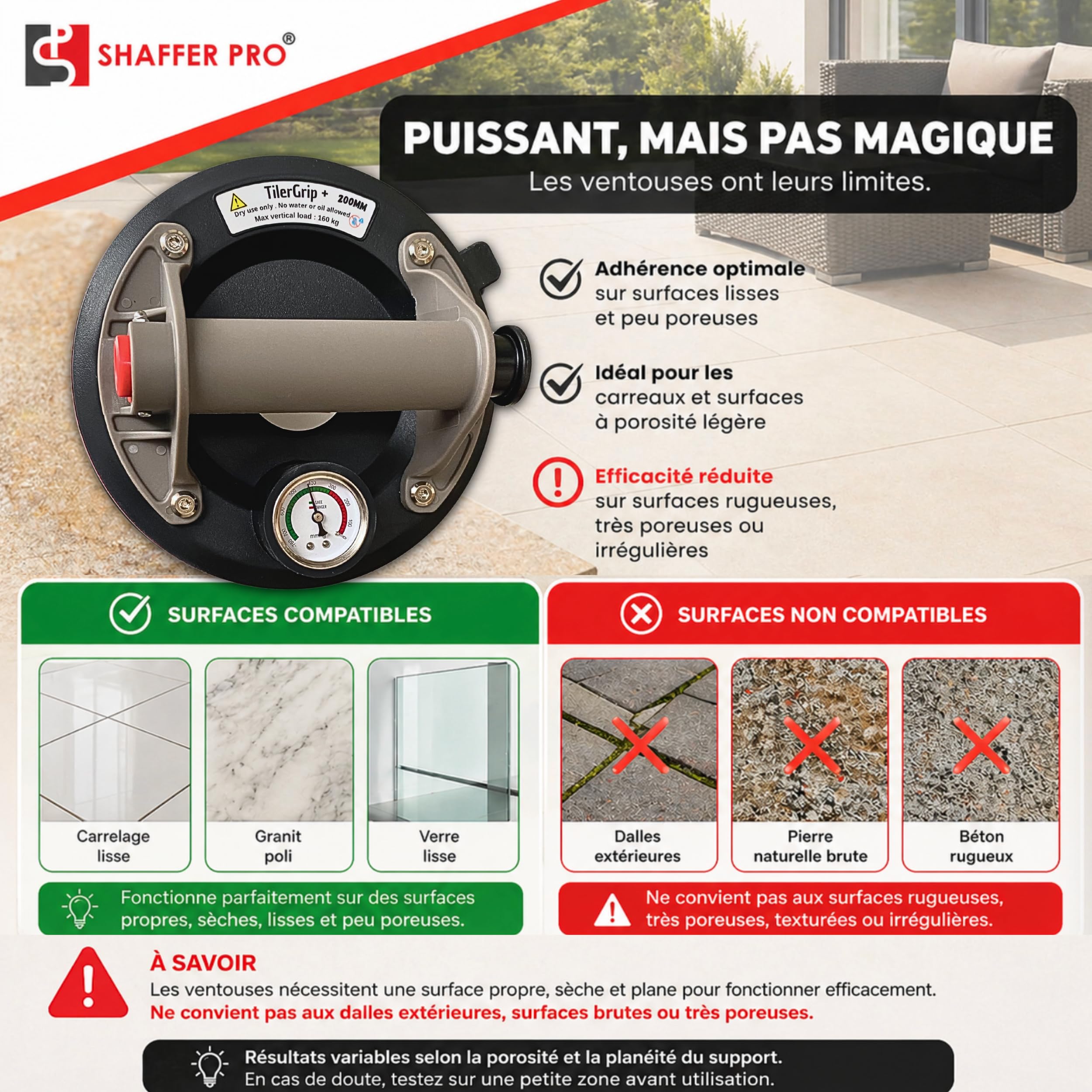 TilerGrip+ - 2 Ventouses Carrelage 200mm avec Manomètre – 320kg Ventouses Professionnelles pour Carreaux, Vitres, Grès Cérame – Forte Aspiration, Valise Incluse