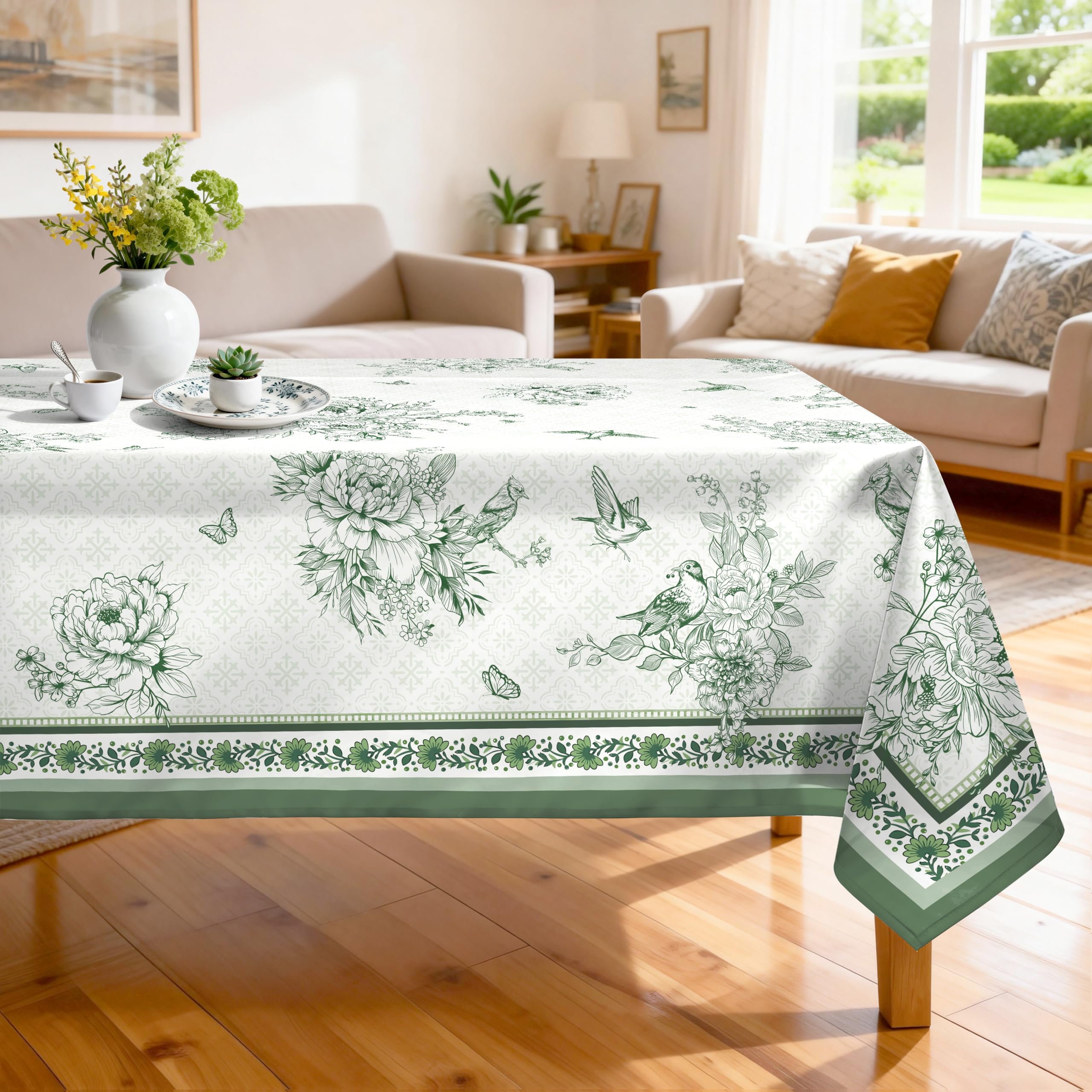 Arquiel Green Chinoiserie Table Cloth Rectangle Machine Washable Tablecloth, 152 * 213 cm, Polyester Birds Flowers Spring Table Cover for Kitchen Dinner Party Outdoor Decor