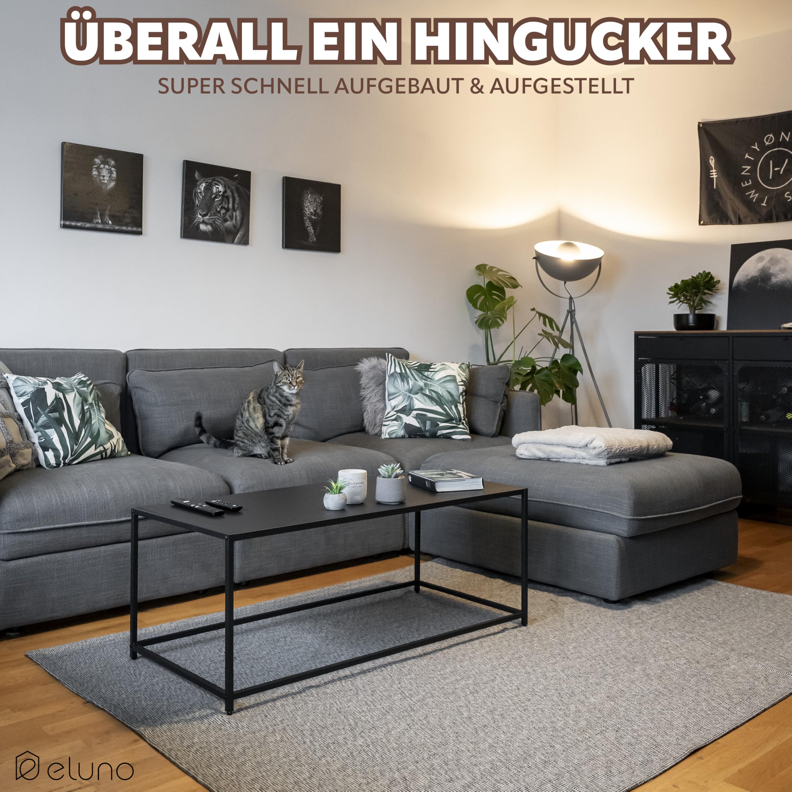 eluno Couchtisch, Wohnzimmertisch, Beistelltisch im modernen Industrie-Design - für viele Wohnbereiche geeignet, Pflegeleichte und Kratzfeste Oberfläche, aus schwarzem Metall 110 x 41 x 50 cm
