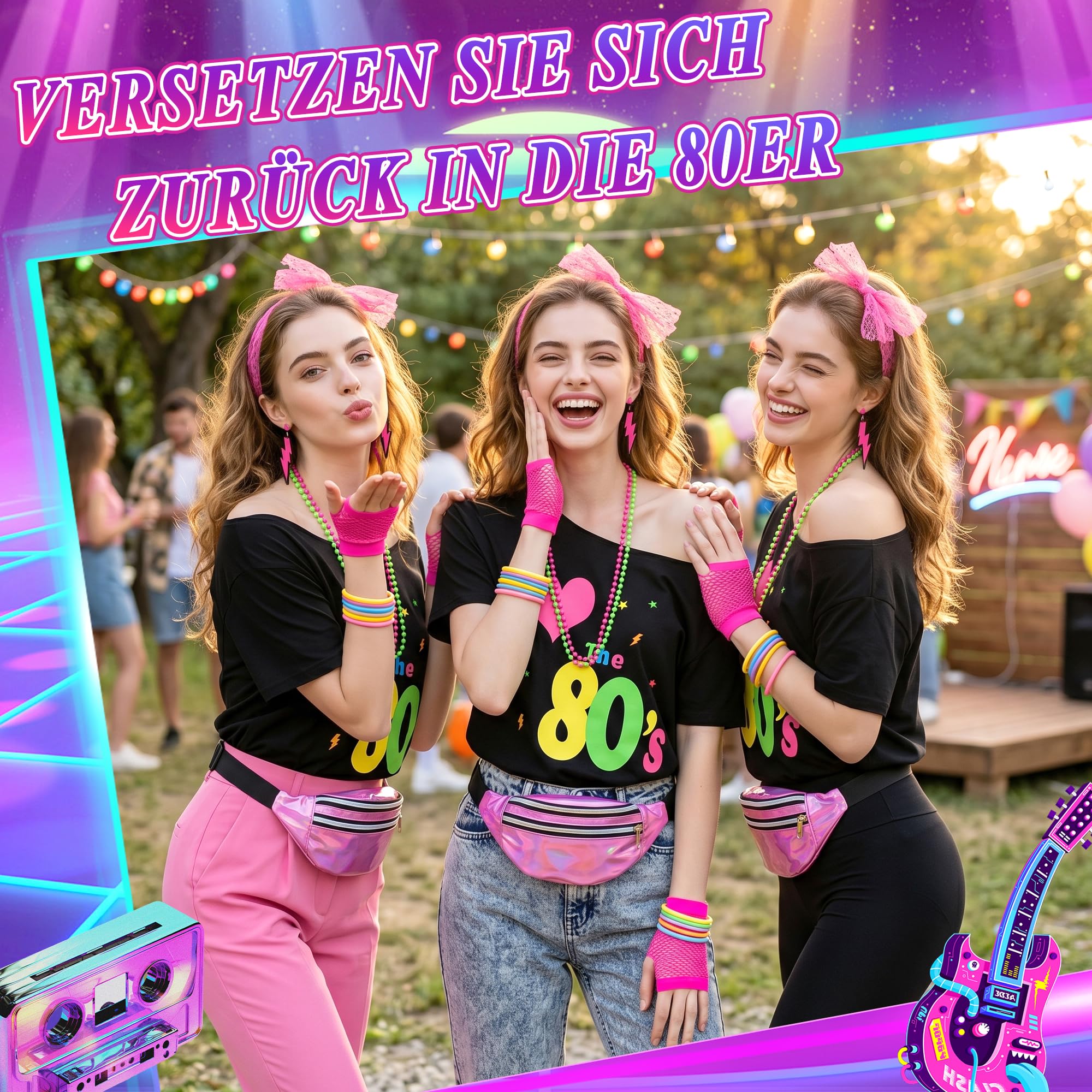 80er Jahre Kostüm Damen Set, 80s Outfit Frauen mit T-Shirt Gürteltasche Beinstulpen Netzhandchuhe Neon Schmuck, 80er Jahre Kleidung für Karneval Fasching Mottoparty Disco