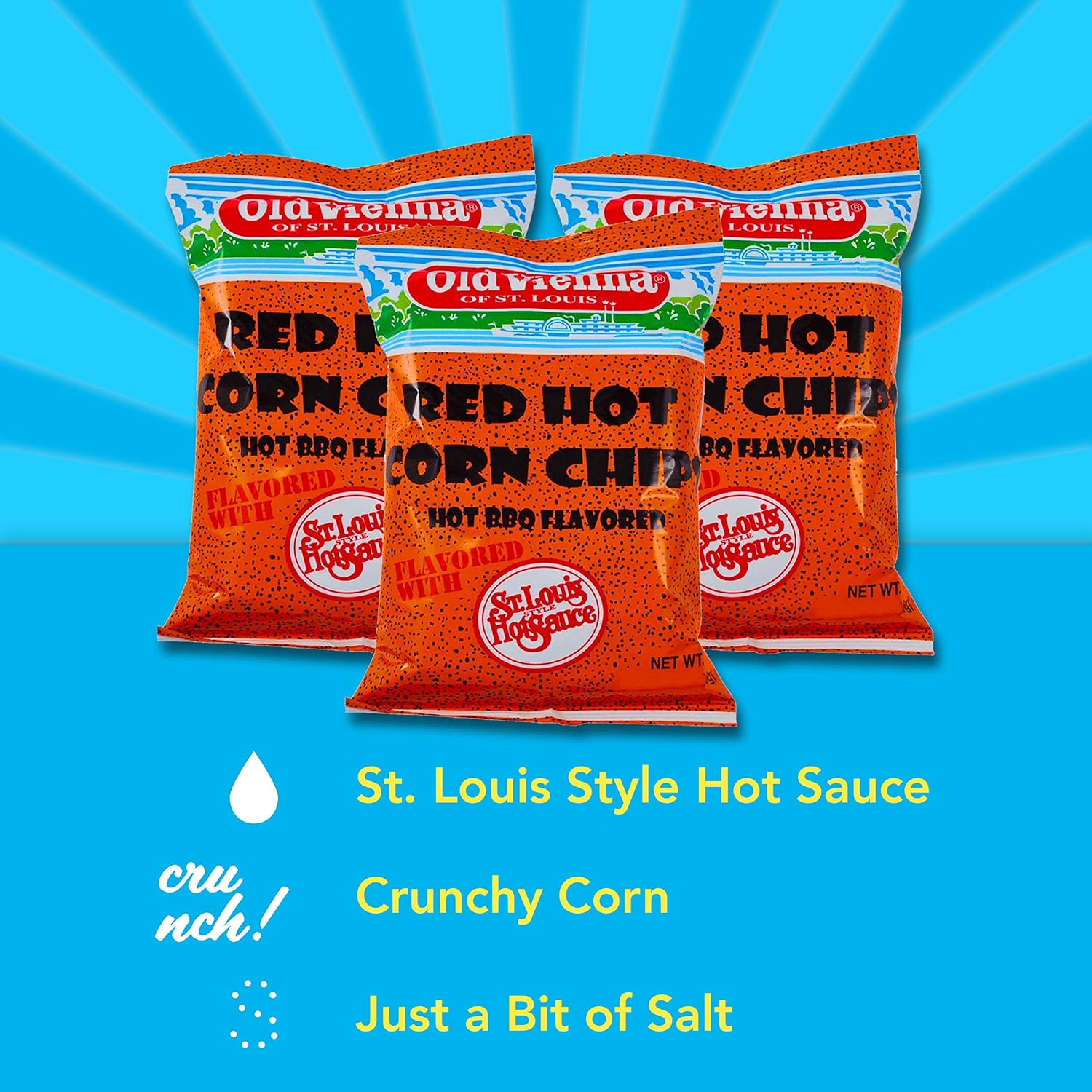Old Vienna of St. Louis Snacks (Red Hot Corn Chips Hot Barbecue, 8 oz 3 Pack)