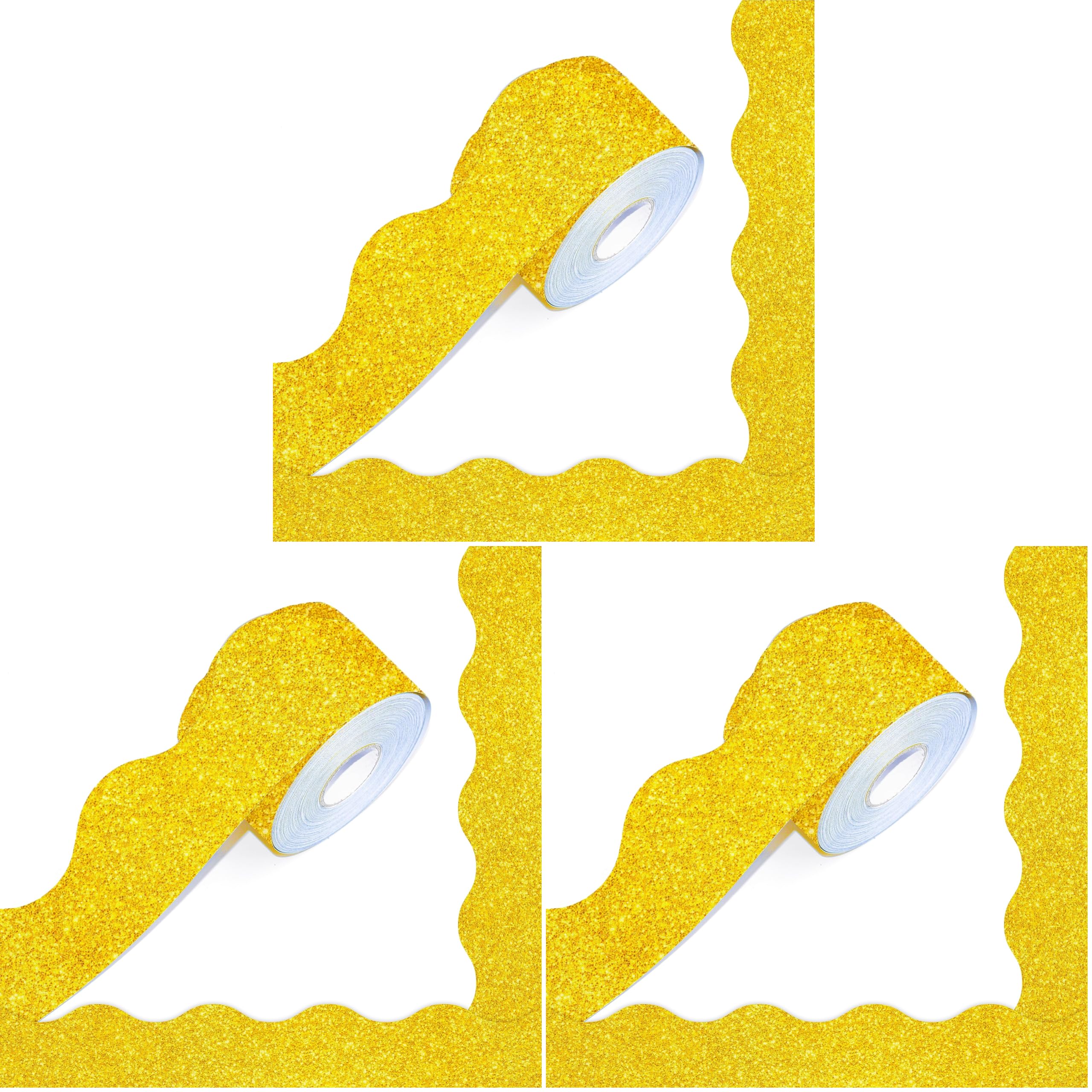 60 Feet Bulletin Board Borders, Golden Glitter Rolled Border Trim Scalloped Board Border with Wavy Line Design Decoration for School, Classroom &amp; Office (Pack of 3)