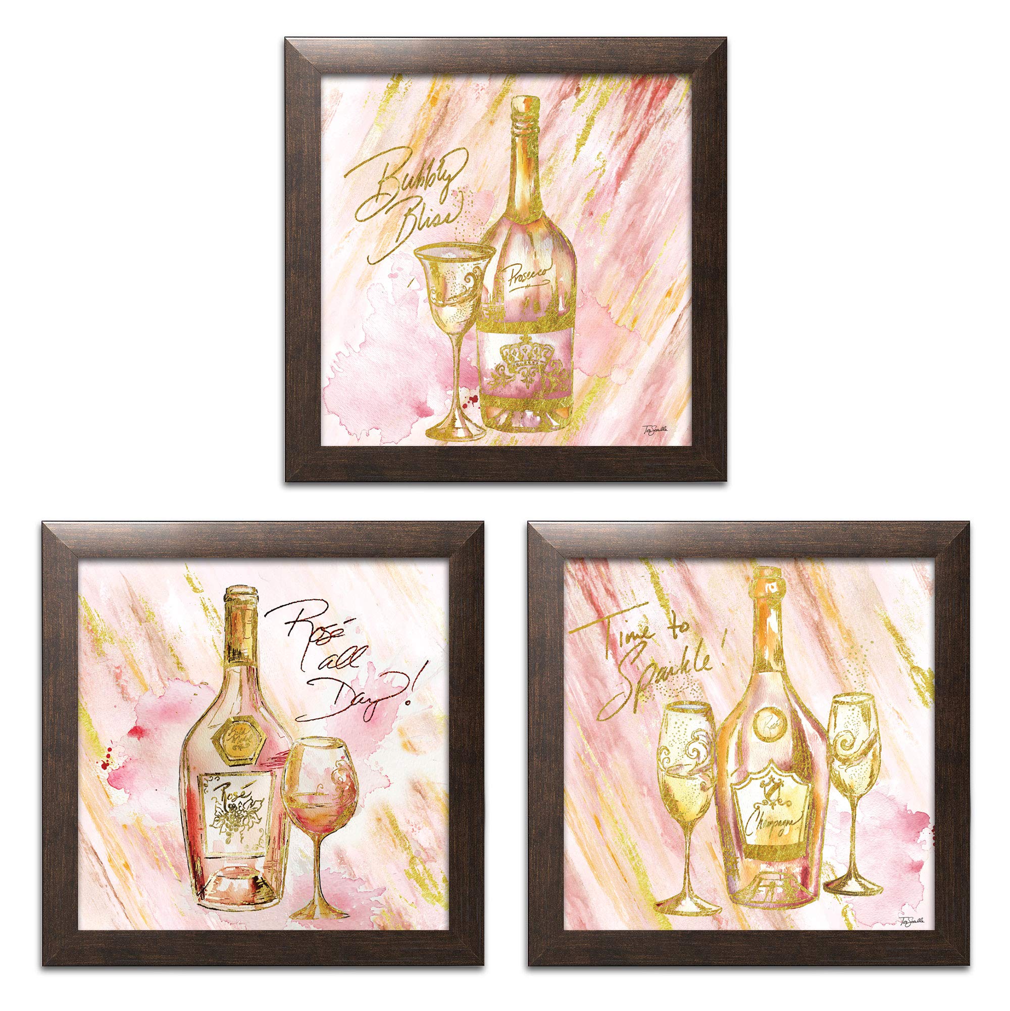 Pink Gold Rose All Day Time to Sparkle Bubbly Bliss Wine Alcohol Set Perfect Bar Kitchen Decor Three