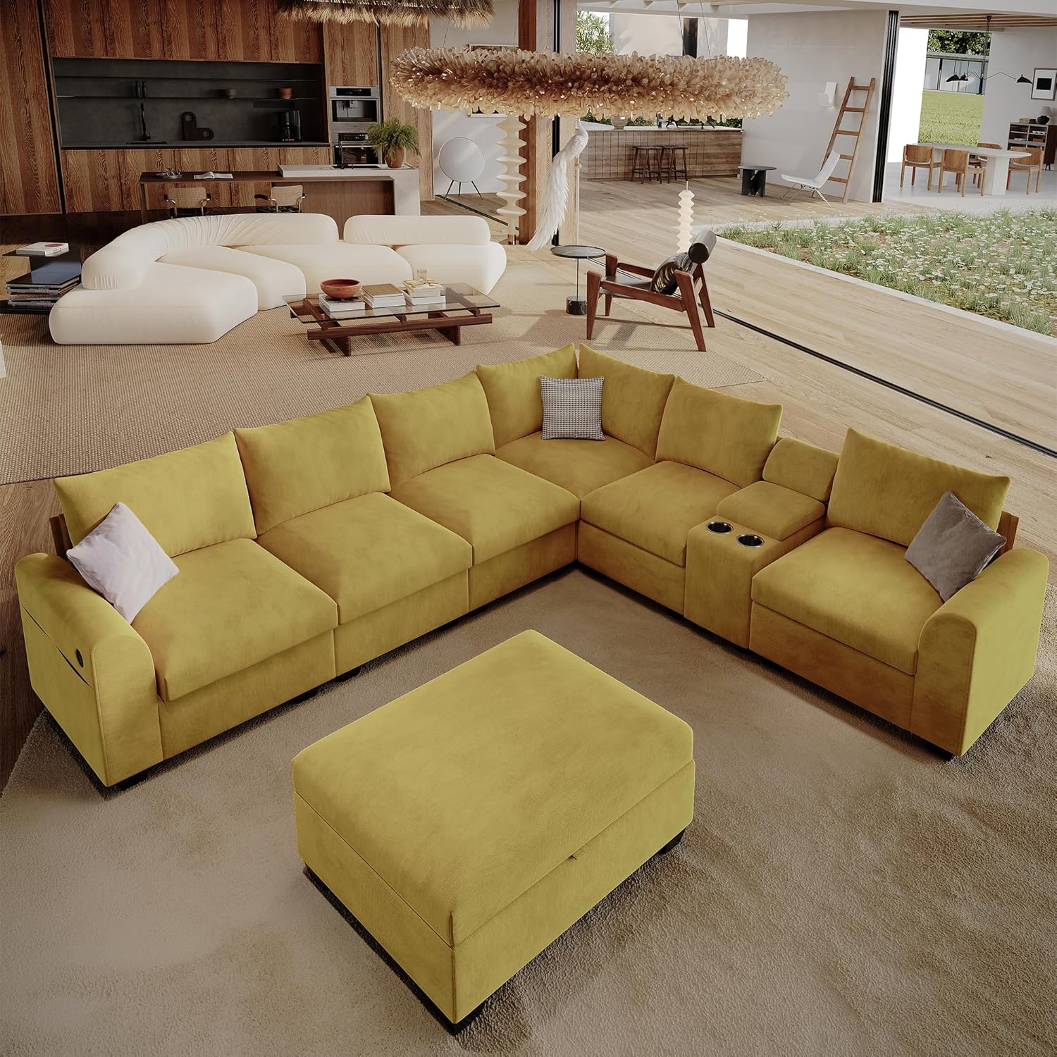 120" L-Shaped Modular Sectional Sofa, Modern 7 Seat Oversized Sectional Couches with Storage Ottoman & USB Ports, Large Sectional Couches for Living Room, Linen (Yellow)