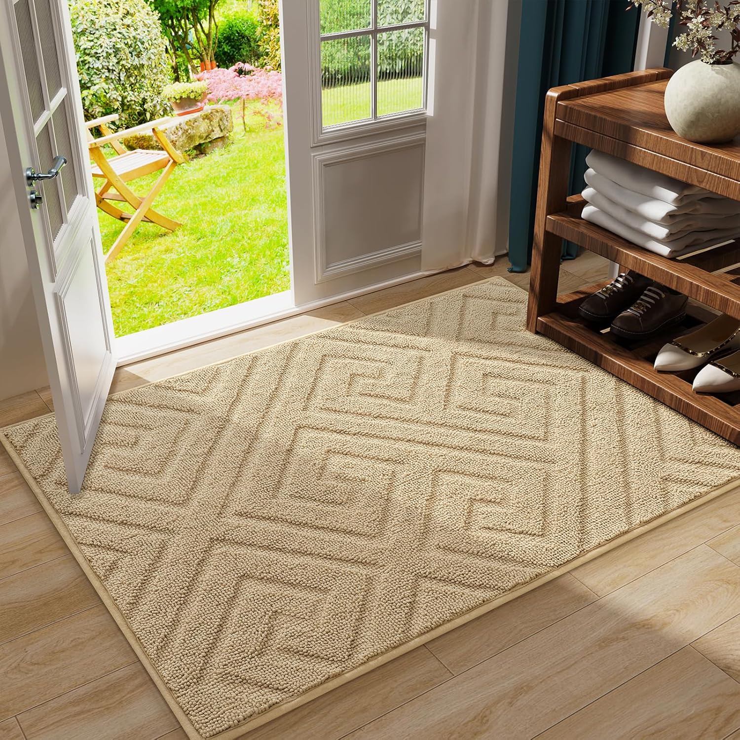 AROGAN Washable Indoor Door Mat Entrance, Low Profile Entry Rugs for Inside House Rubber Backing, Absorbent Muddy Shoe Dirt Doormat for Enterway, Floor Front Back Door(36x60 inches, Beige)