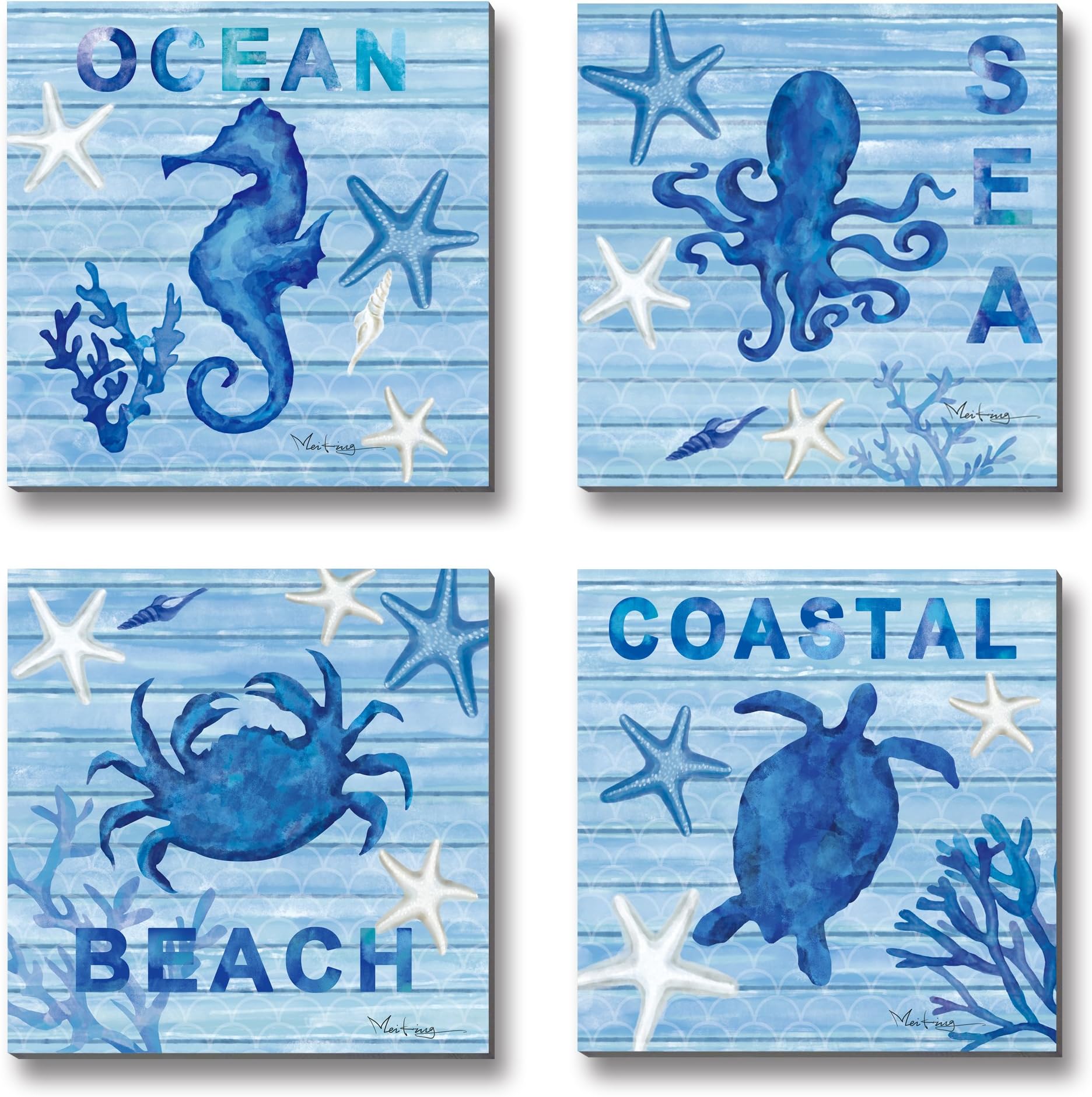 WESIATOR - Coastal Decor Blue Ocean Beach Theme Pictures for Bathroom Wall Art, Sea Turtle Seahorse Octopus Crab Canvas Prints, Ready to Hang (30x30cmx4pcs)