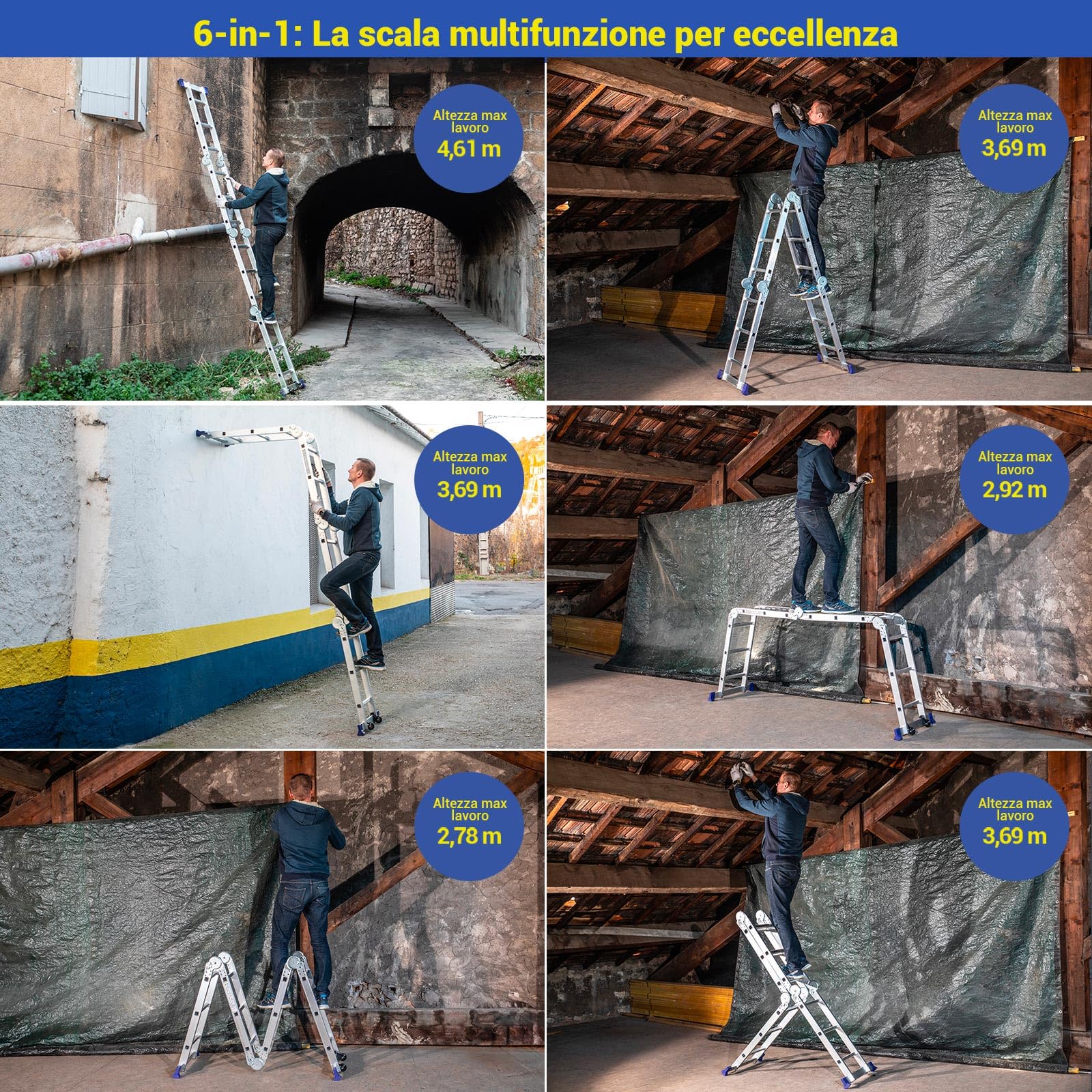 Scala pieghevole articolata STAVALANCE 4x3 gradini, ponteggio multifunzione, distanziatore per muro, sgabello, 2 piastre per piattaforma di lavoro, Hostrom