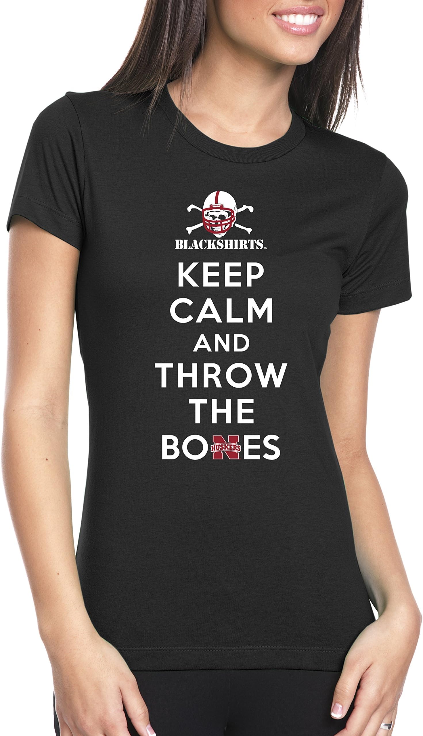 Women's Nebraska Huskers Football Blackshirts "Keep Calm and Throw the Bones" Shirt - Black - Large