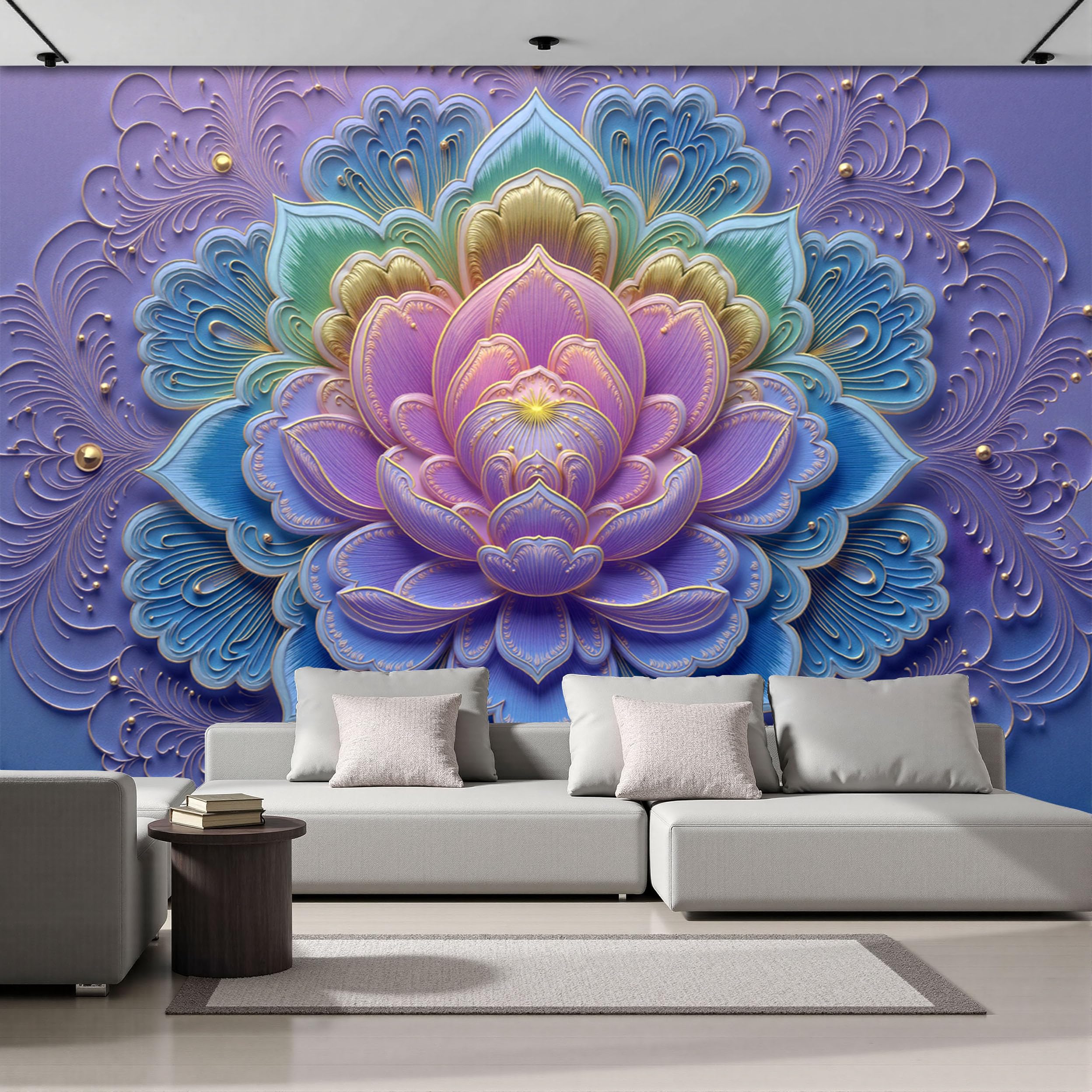 Papier peint panoramique soie mandala 3D violet 200x140cm haut de gamme