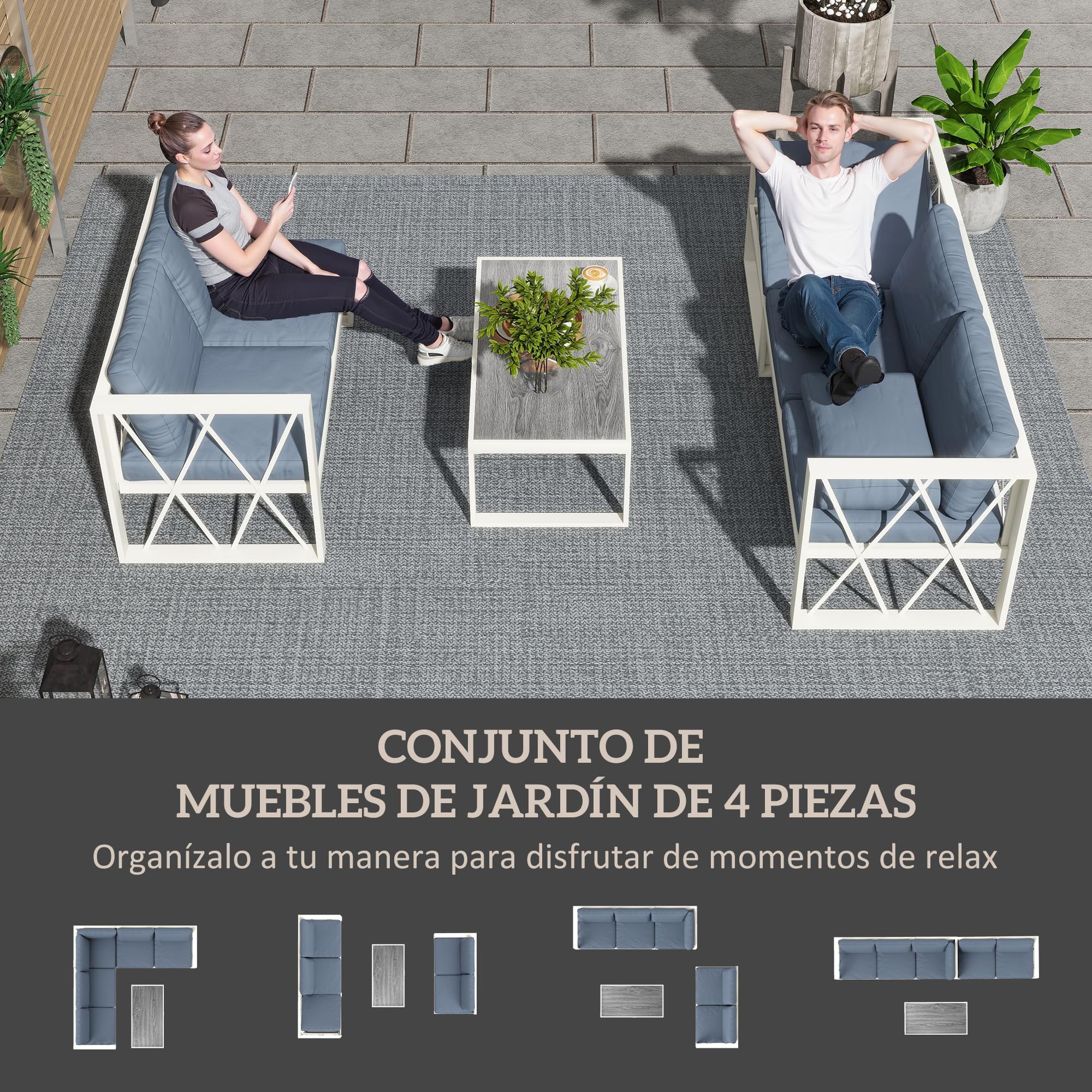 Outsunny Conjunto de Muebles de Jardín Exterior de 4 Piezas Sofá Seccional Exterior Forma de L con Sofá de Esquina y 2 Sofás de 2 Plazas con Mesa de Centro DPC Asiento Regulable y Cojines Beige y Gris