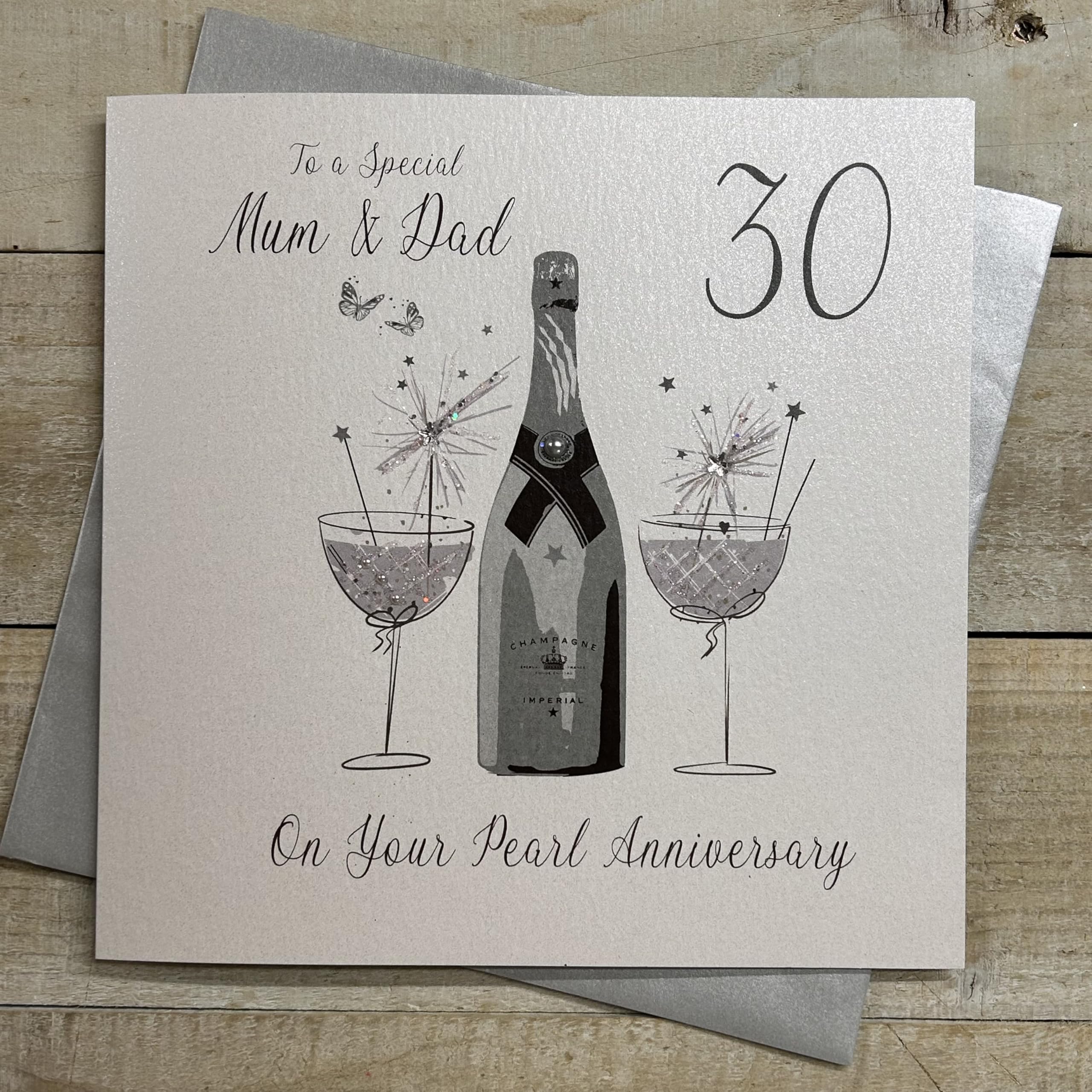 White Cotton Cards Large Mum And Dad Pearl Wedding Anniversary, Handmade 30Th Anniversary Champagne And Chocolates Card, Xlbd30m