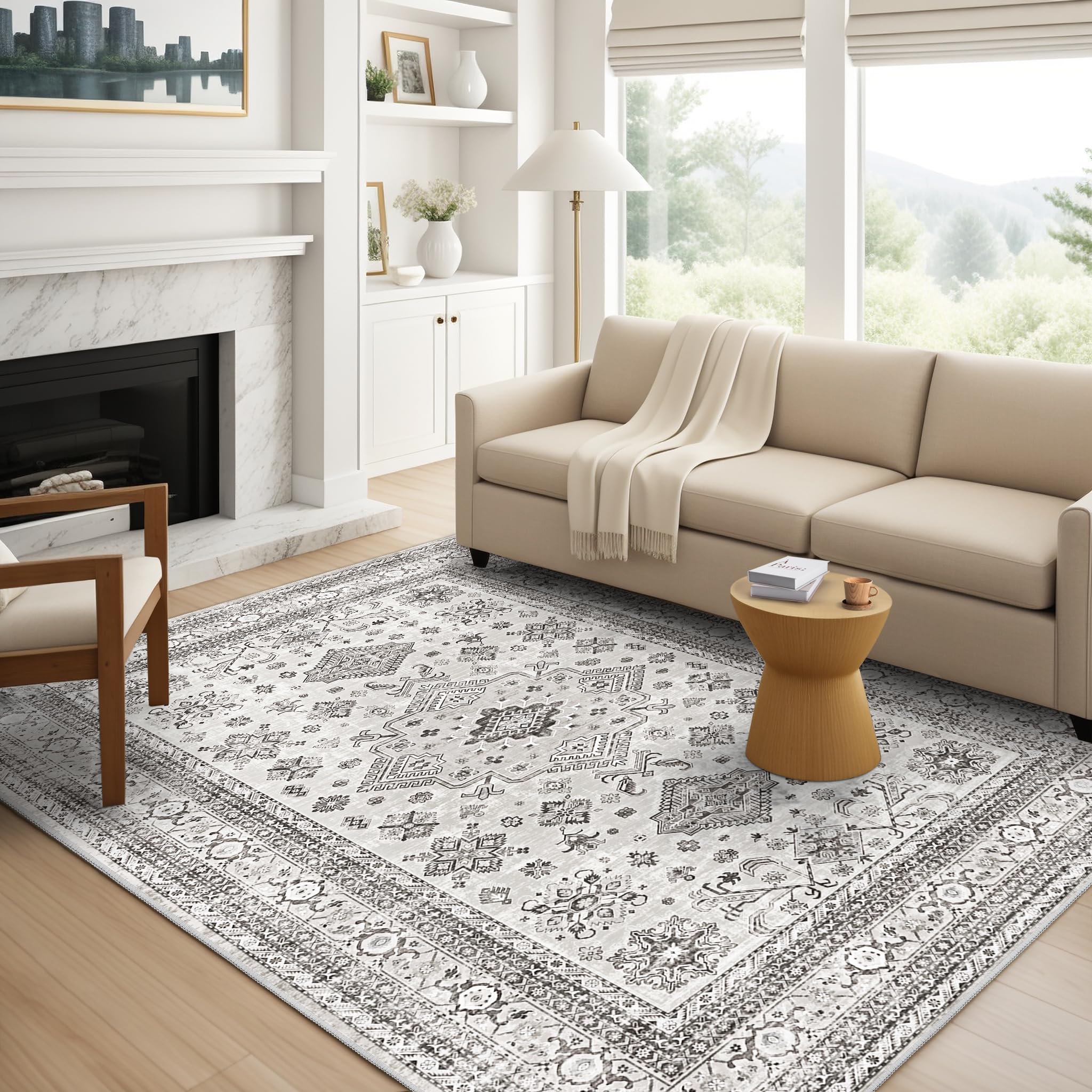 Vintage Living Room Area Rug 6x9 - Large Soft Washable Oriental Traditional Distressed Farmhouse Rugs for Bedroom - Indoor Floor Accent Carpet for Home Office House Decor - Grey