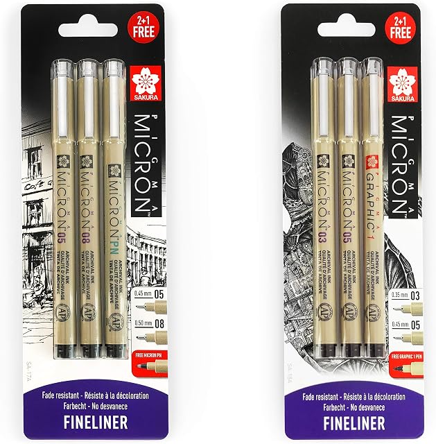 Sakura Pigma Micron - Pigment Fineliner Pens - 0.3/0.5mm/Graphic + 0.5/0.8mm/PN - Black Ink - Blister Pack of 6