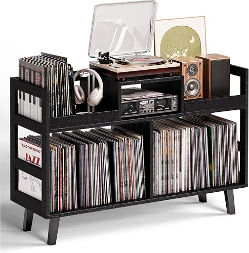 Miniatura 12 de Soporte para tocadiscos con almacenamiento de vinilo, moderno soporte para tocadiscos de mediados de siglo con capacidad para más de 150 álbumes