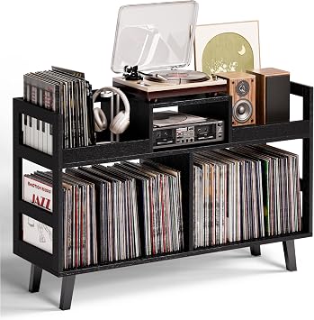 Record Player Stand with Vinyl Storage, Mid-Century Modern Turntable Stand Holds 350+ Albums, Record Player Table with Metal Dividers, Wood Media Console for Living Room Black, Double-Sided Large