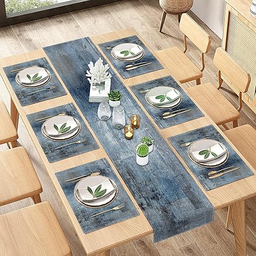 ArtSocket Juego de 6 manteles individuales y camino de mesa de granja, abstracto, azul, gris, gris, pintura vintage, decoración de mesa de comedor