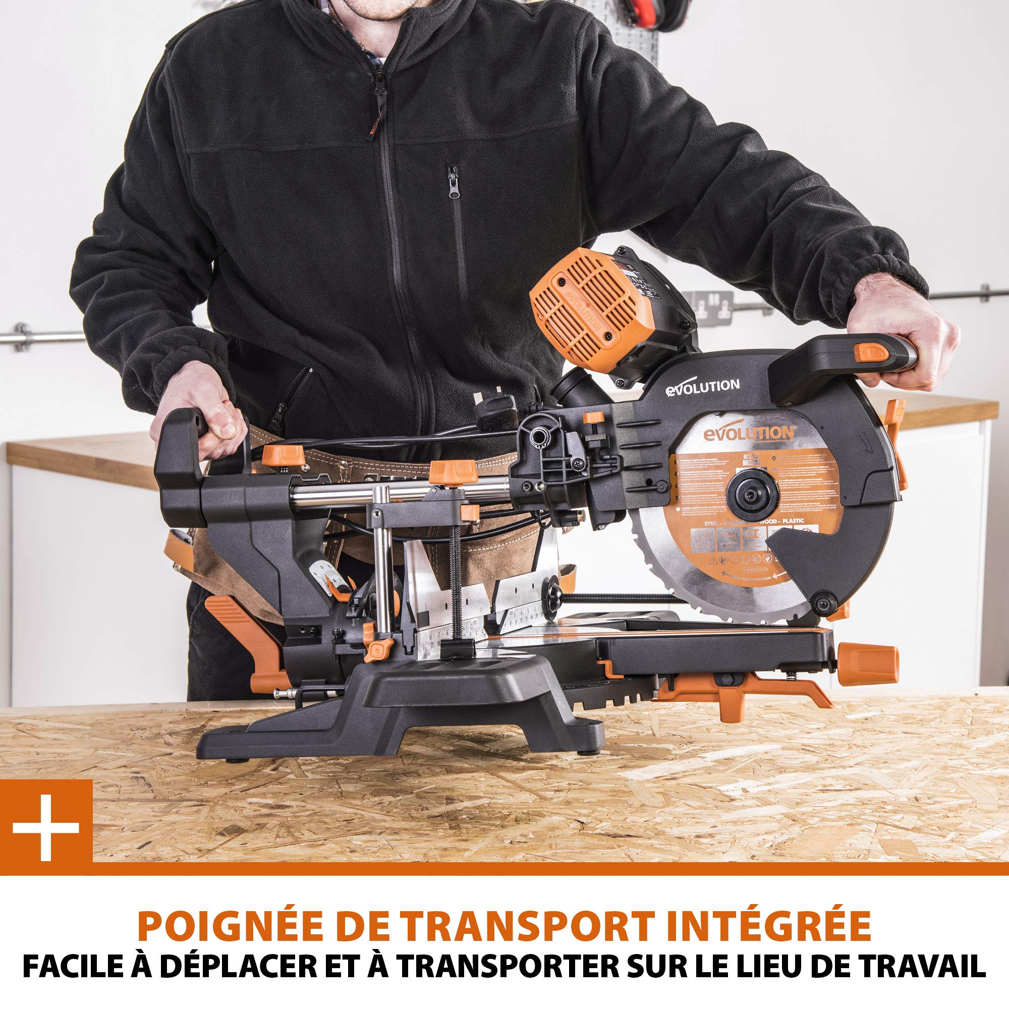 Evolution Power Tools Scie à Onglet Coulissante 255mm R255SMS-DB+ Double Biseau 45-45° Onglet 50-50° Coupe Multi-Matériaux