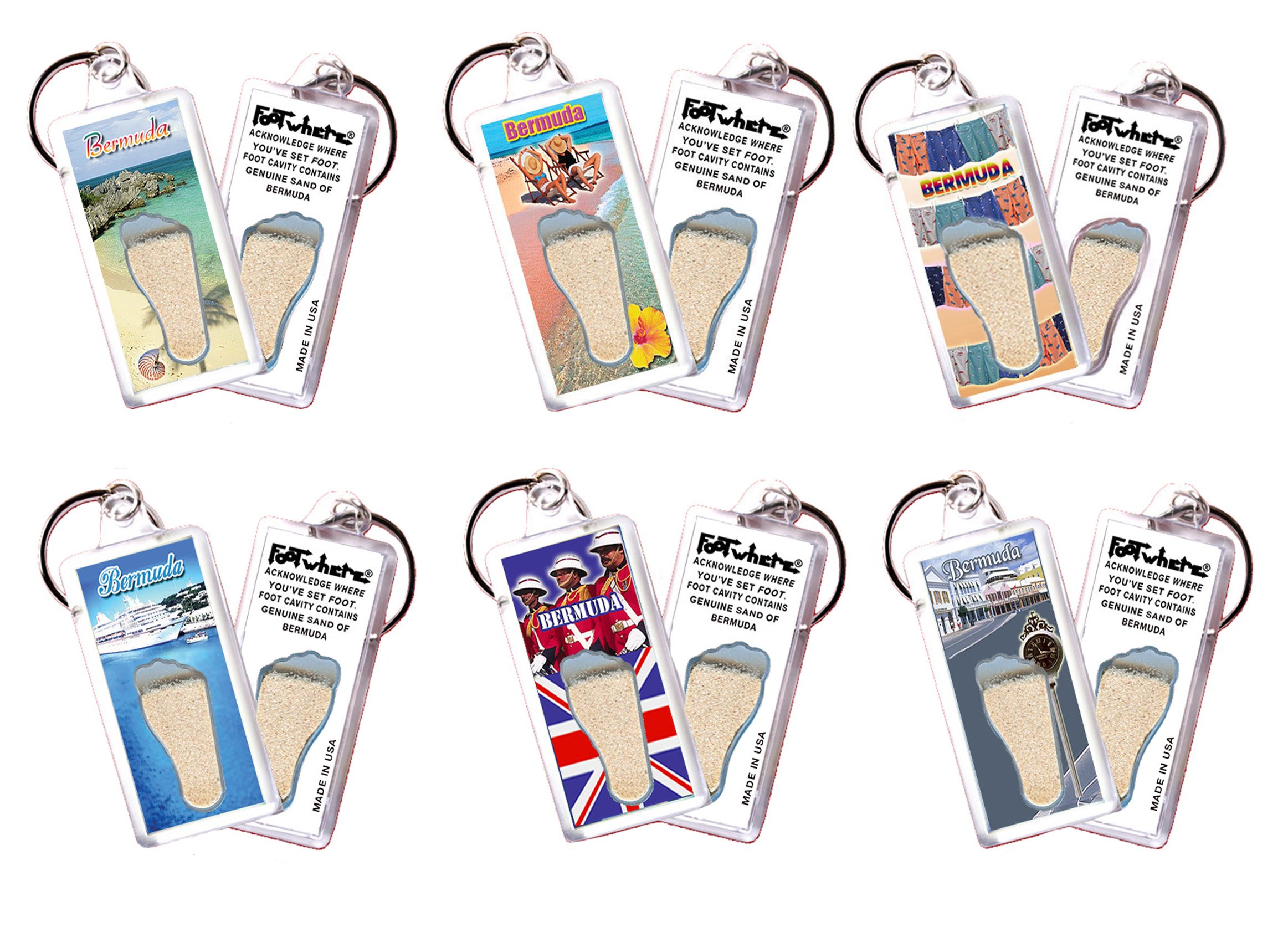 FootWhere Bermuda Souvenir Keychains. 6 Piece Set. Authentic destination souvenir acknowledging where you've set foot. Genuine soil of featured location encased inside foot cavity. Made in USA