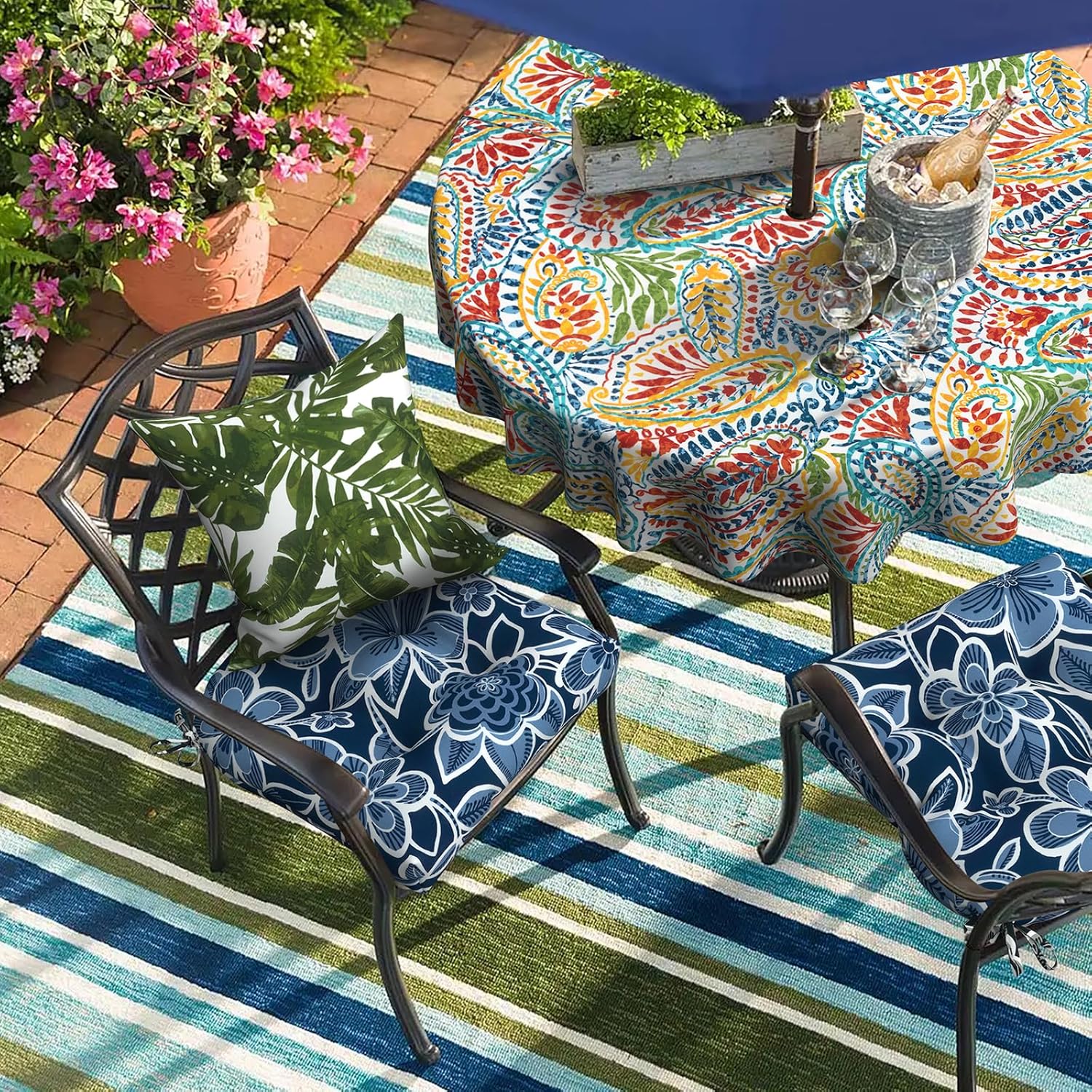 DYTXIII Set of 2 Outdoor Chair Cushions 19"x19"x4", Water Repellent Tufted Patio Seat Cushions with Ties, Thick Replacement Pads for Wicker Dining Chairs, Patio Furniture, Flower Navy