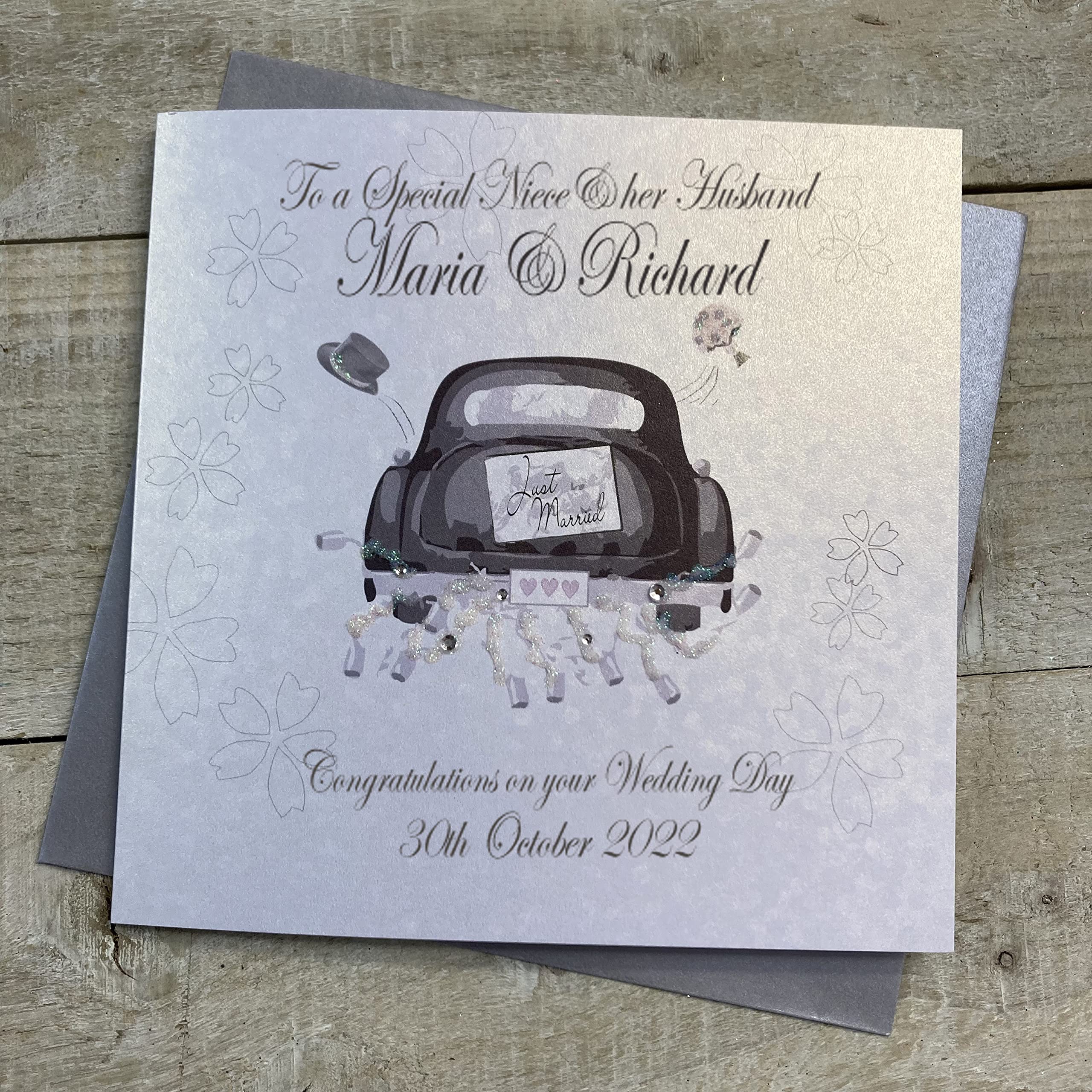 WHITE COTTON CARDS PERSONALISED WEDDING CARD. ANY RELATION. NIECE & HUSBAND. BLACK WEDDING CAR DESIGN. Handmade (PPS9-NIE & XPPS9-NIE)