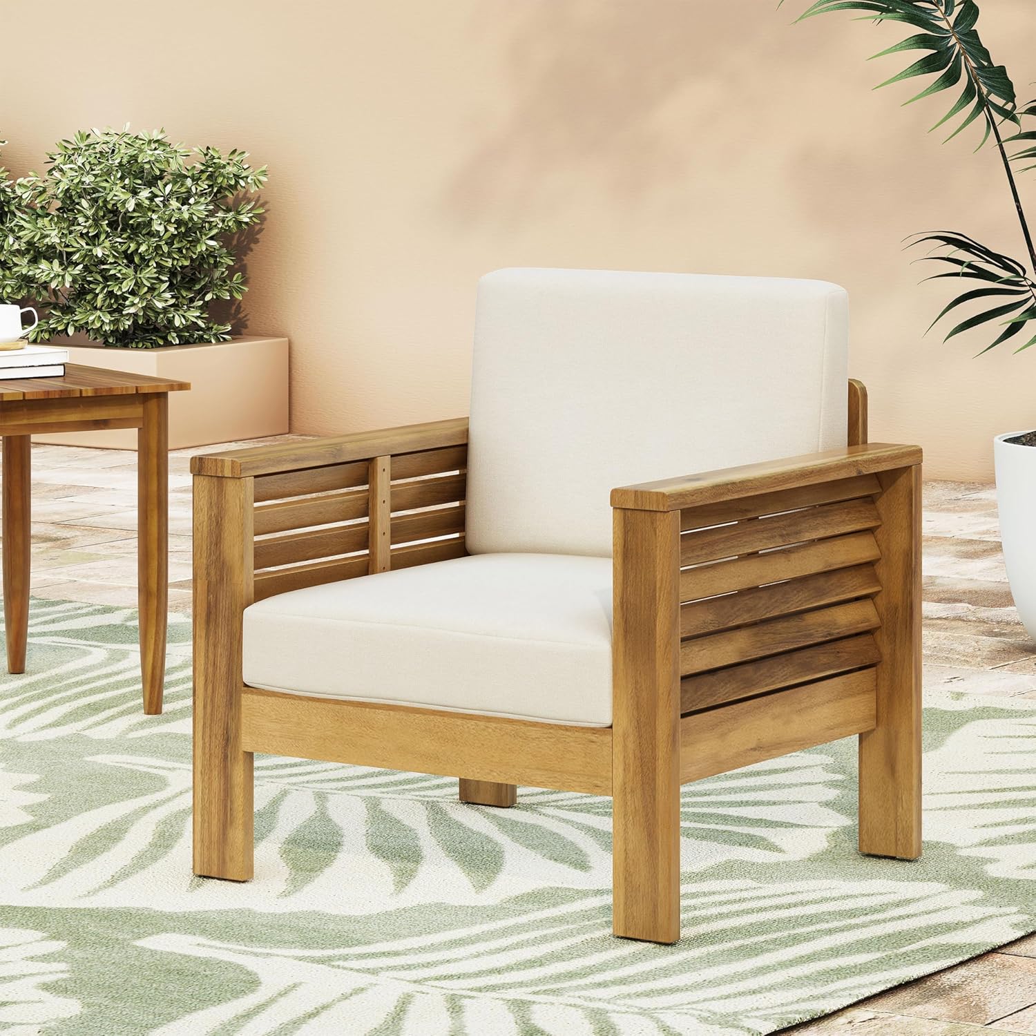 GDFStudio Outdoor Club Chairs with Thick Cushions,400lbs Heavy Duty Patio Furniture Set,Ergonomic Slanted Backrest Design,All Weather Garden Lawn Poolside Backyard Porch Acacia Wood,Teak Cream, 1