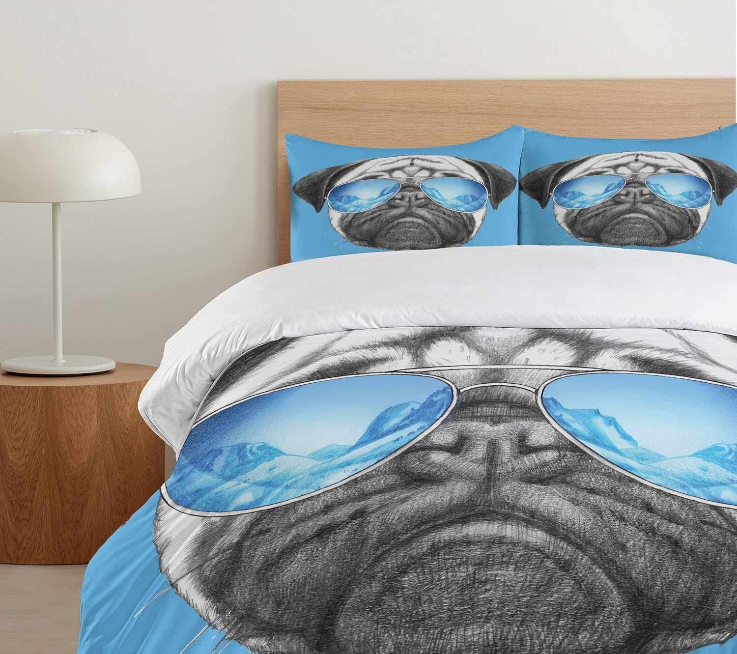 Ambesonne Pug Duvet Cover Set, Dog Portrait Mirror Sunglasses Hand Drawn Illustration of Pet Animal Funny, Decorative 3 Piece Bedding Set with 2 Pillow Shams, Queen Size, Black Pearl Blue