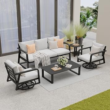 5 Pieces Aluminum Outdoor Patio Furniture Set with 2 Swivel Chairs, 3 Seats Sectional Sofa with 40" Coffee Table & 20" Side Table, Patio Conversation Sets for Backyard, Poolside