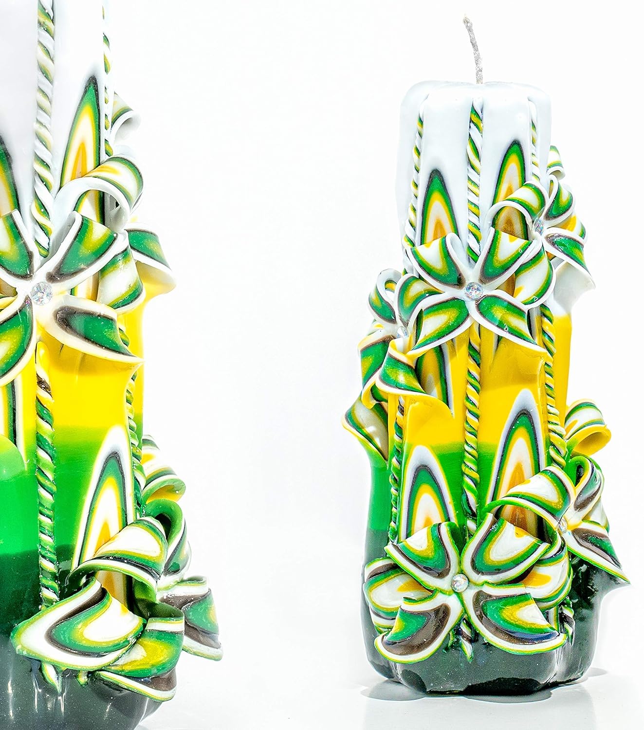 Carved Candle Artisan, Handcrafted Decorative Dipped, Home Decor, Fancy Unique Birthday Gift, New Year, Large, Thanksgiving, Christmas, Gift for mom, Green Yellow, Exotic Flowers 8"