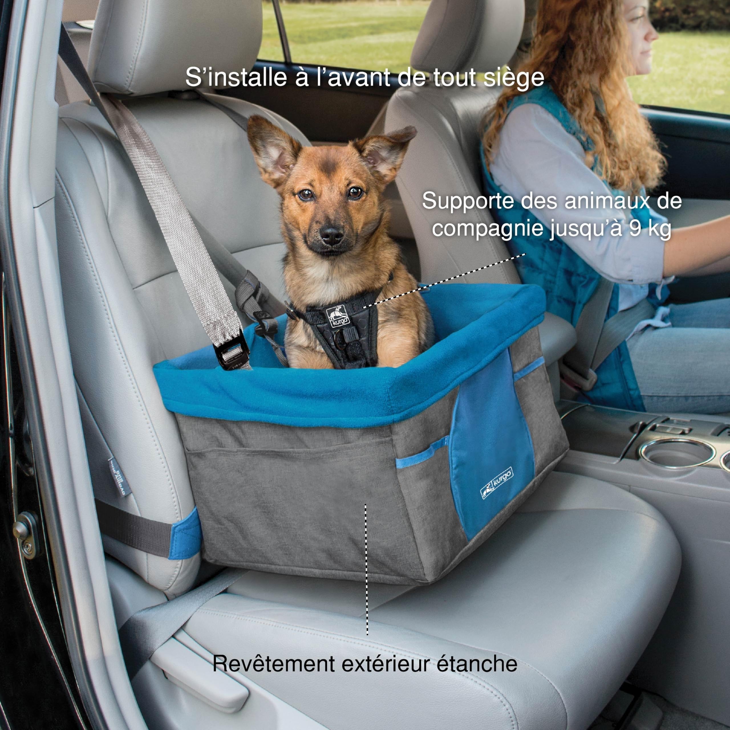 Kurgo Heather Siège réhausseur de Voiture pour Petits Chiens, Ceinture de sécurité Incluse, Contre Le Mal des transports, Bleu/Gris