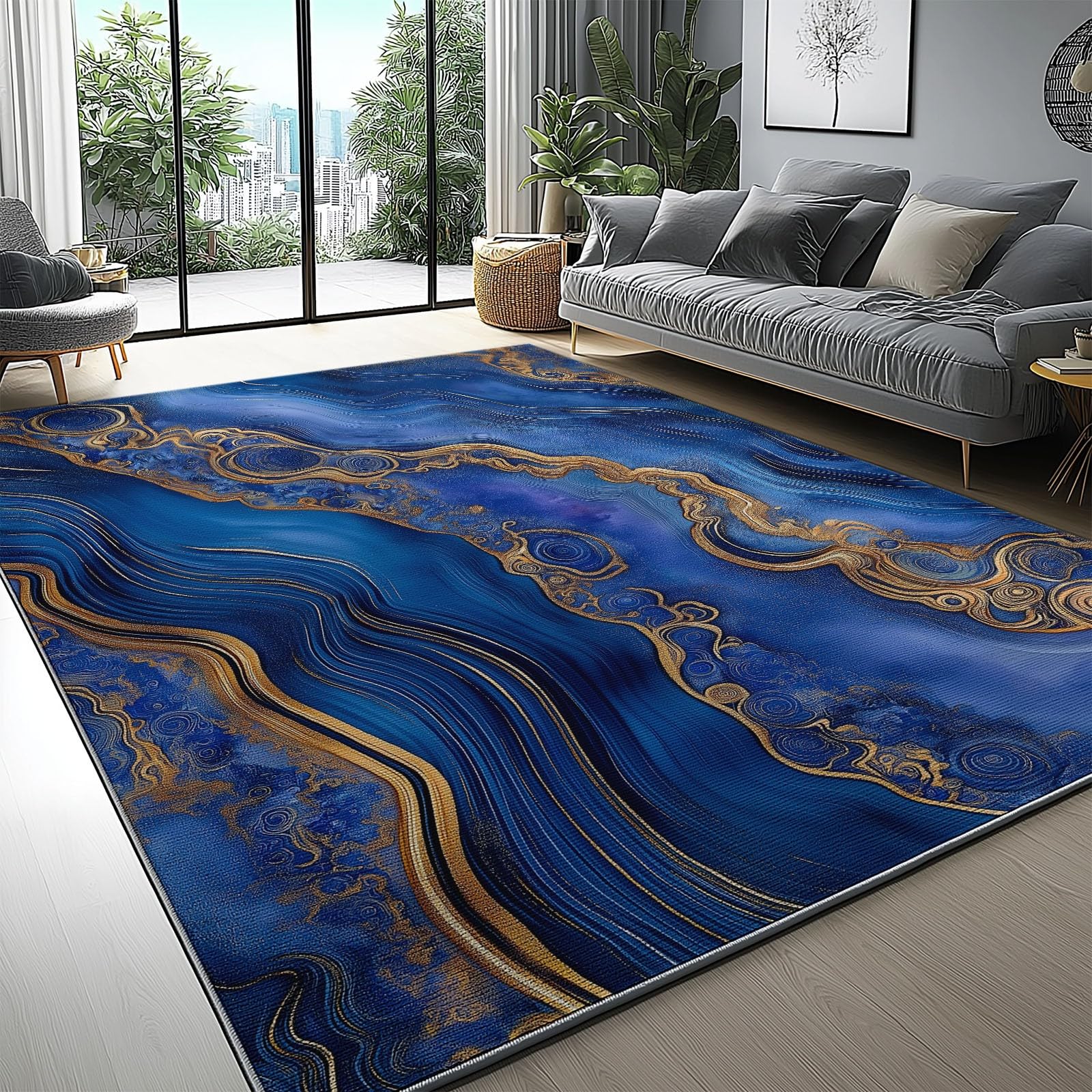 Tapis lavable en machine en cachemire ultrafin antidérapant 140x200 motif abstrait indigo