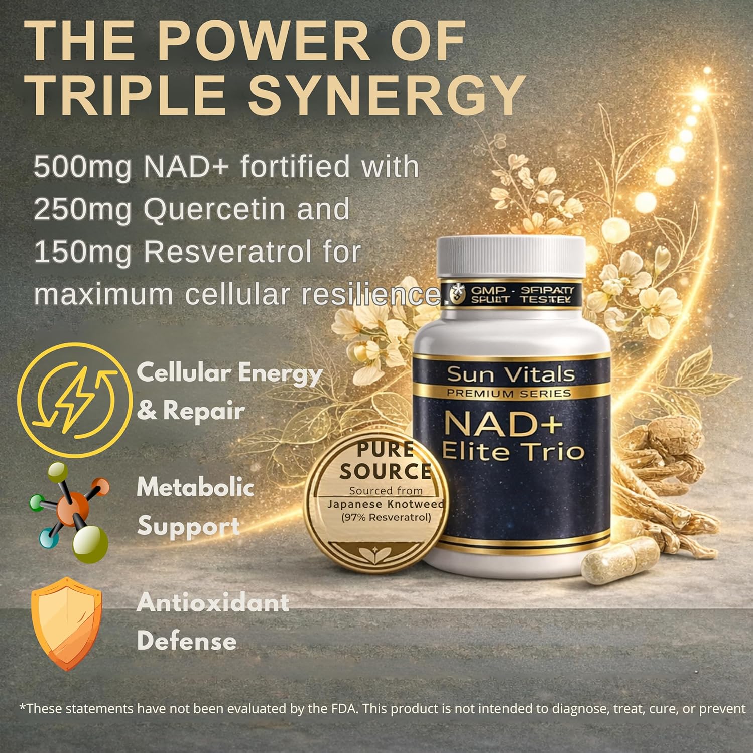 Natural NAD+ Supplement 500 mg with Resveratrol & Quercetin | Cellular Energy & Healthy Aging Support for Women | Non-Stimulant | GMP-Certified | 3rd Party Tested | 60 Vegan Capsules | Made in USA