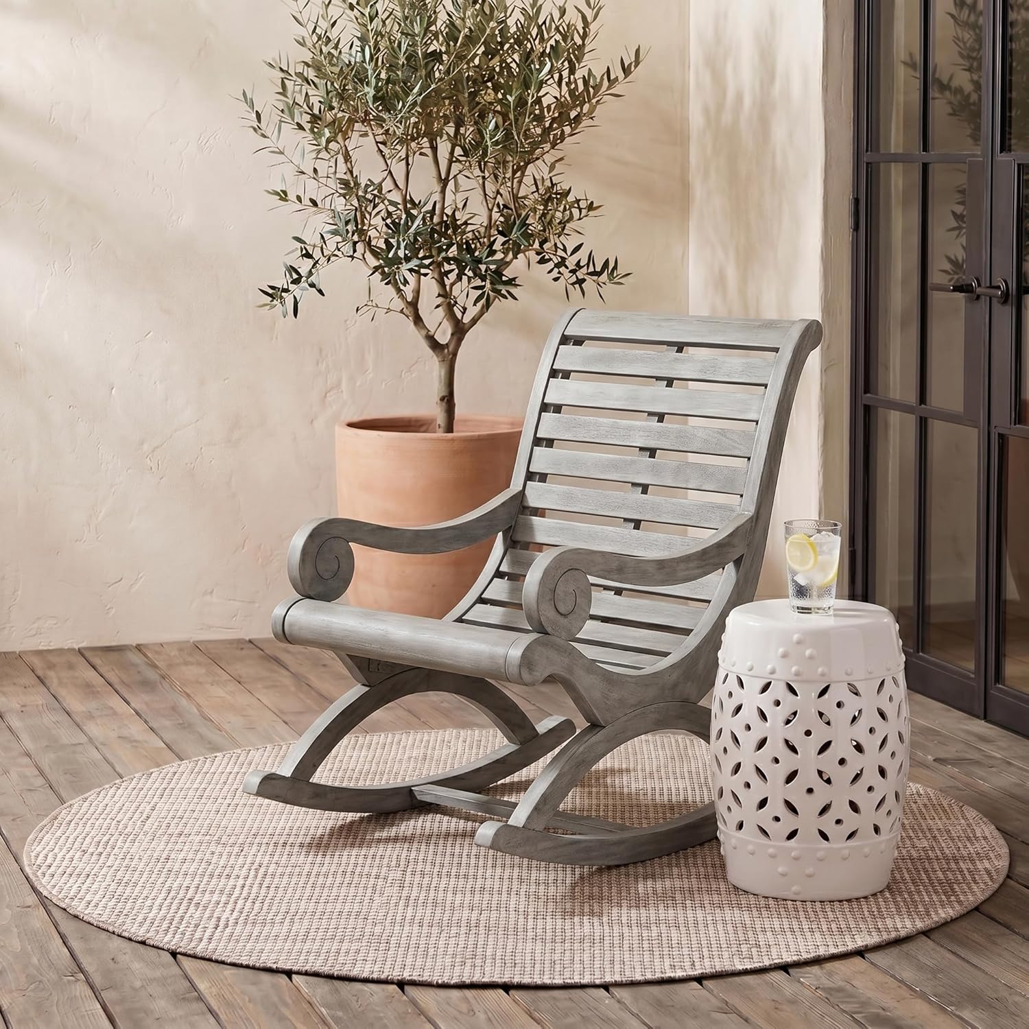 SAFAVIEH Outdoor - Sonora Grey Eucalyptus Wood Rocking Chair, Scroll Arm Patio Rocker, 17.7" Seat Height, Outdoor Furniture for Porch, Deck, Backyard (PAT7016A)