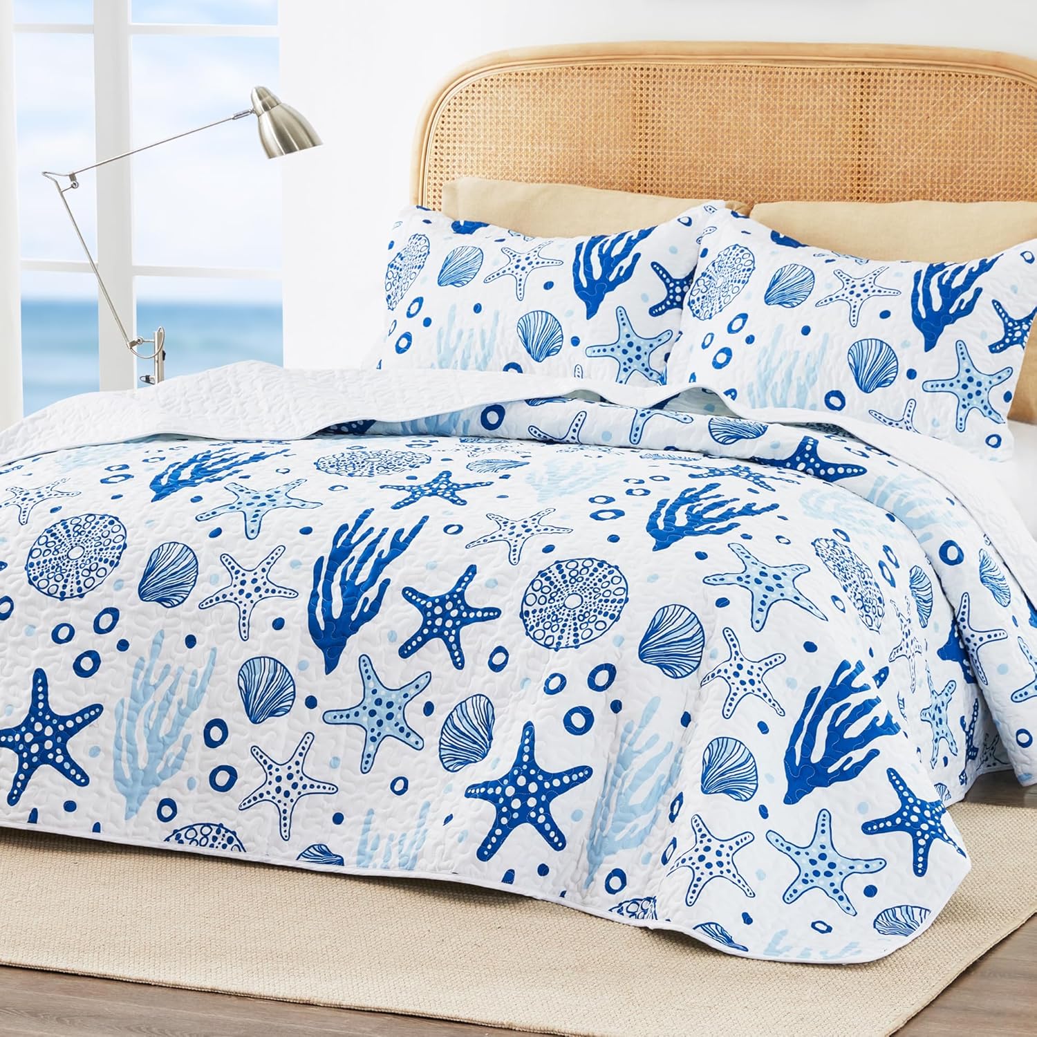 Love's cabin Quilts for Queen Coastal White Bedspreads Bedding Set - Summer Beach Nautical Quilt Lightweight Bedspread - Reversible Bedding Coverlet for All Season - 3 Piece (1 Quilt, 2 Pillow Shams) - Image 2
