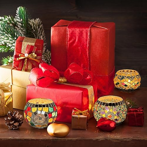 Miniatura 6 de SHMILMH Diwali - Juego de 4 portavelas de cristal, portavelas votivas hechas a mano con mosaico de vidrio, candelitas de cristal Diwali,