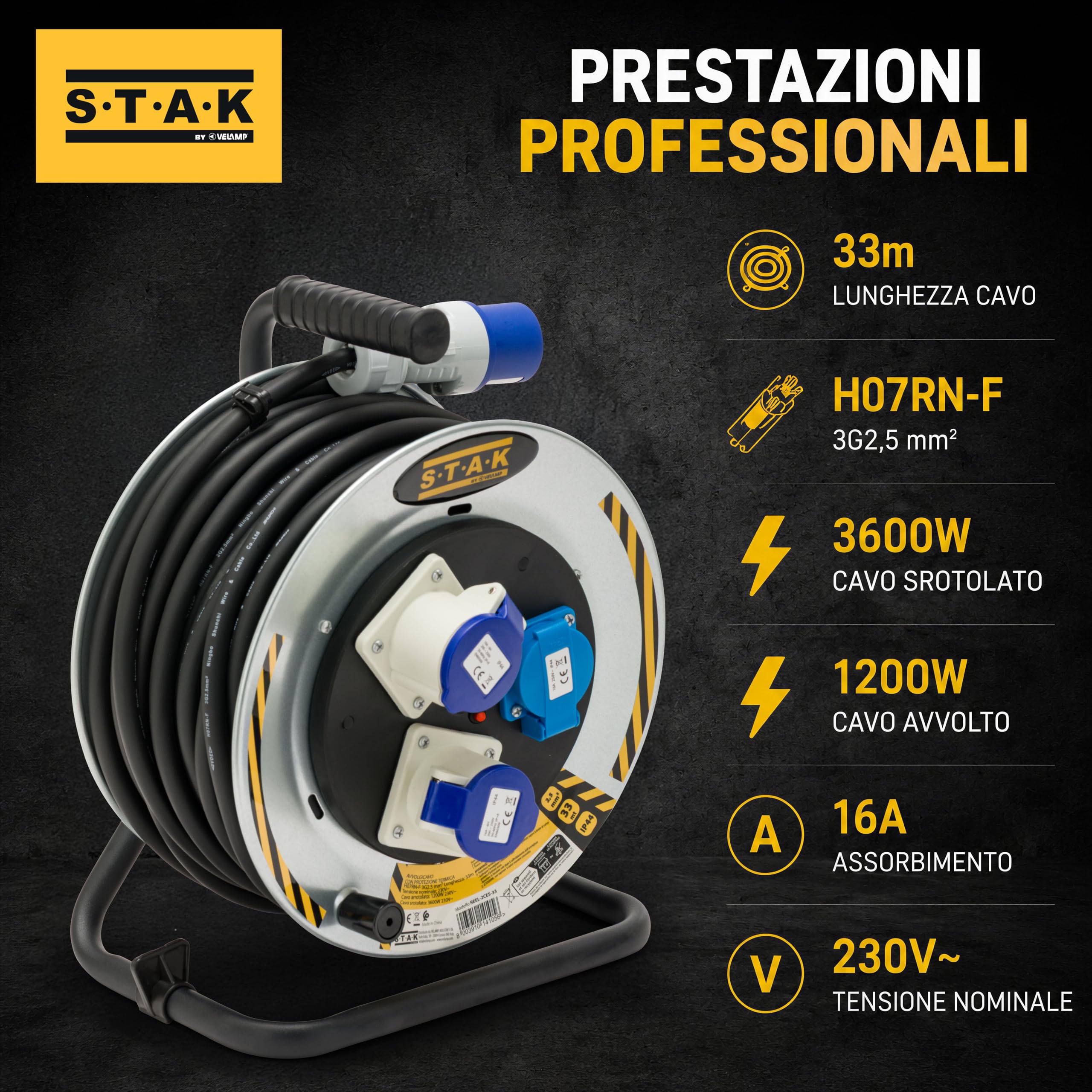 STAK Avvolgicavo Industriale Professionale 33 Metri IP44 con Cavo H07RN-F 3G2.5 mm², 2 Prese CEE + 1 Schuko, Spina CEE 16A, Prolunga Elettrica per Cantiere, Camper, Campeggio e Nautica