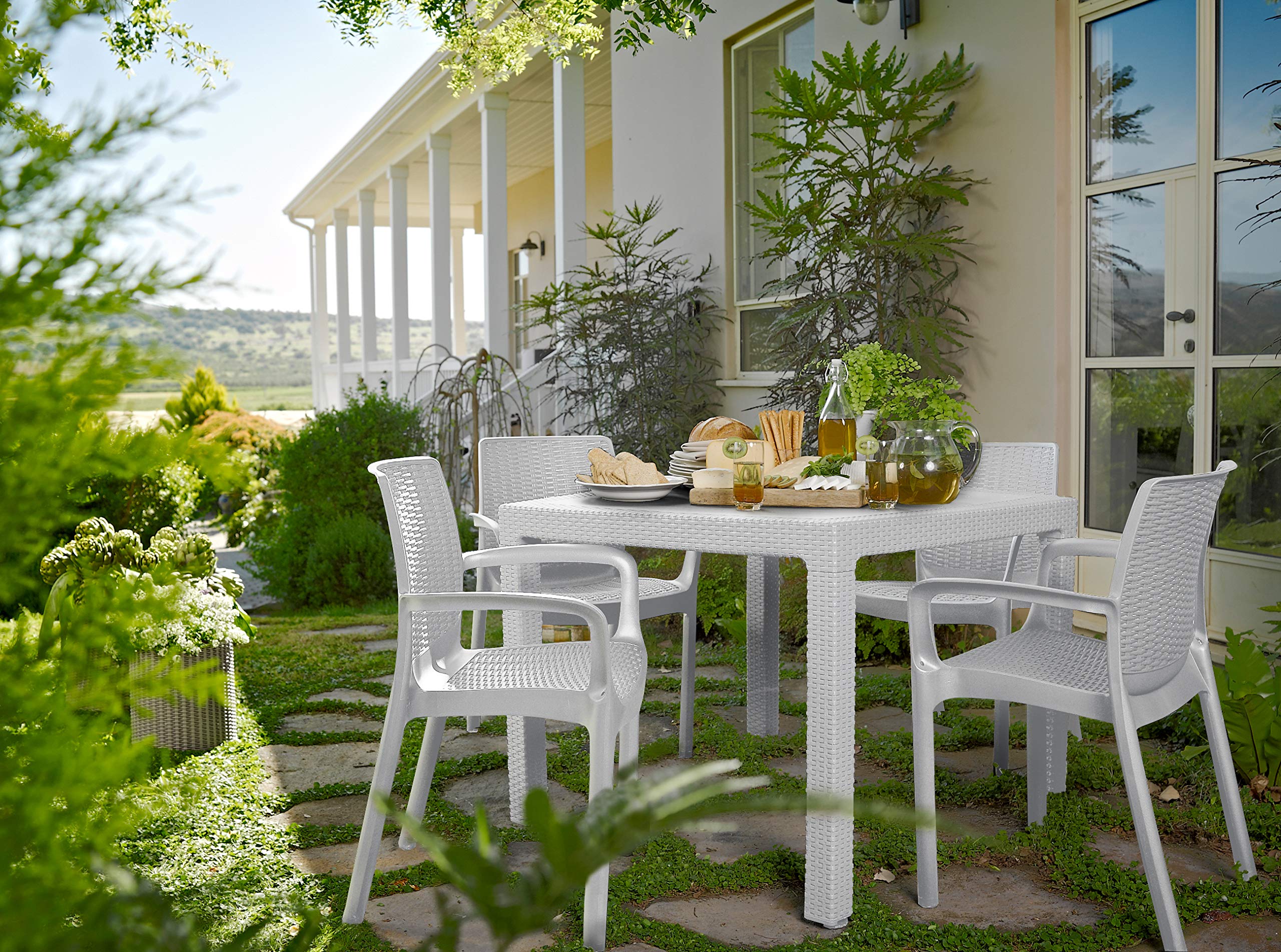 Keter Bali - Pack x4 Silla jardín para Interior y Exterior con reposabrazos Ideal para Jardines y terrazas, apilable, Resina con Acabado de ratán Plano, Color Blanco
