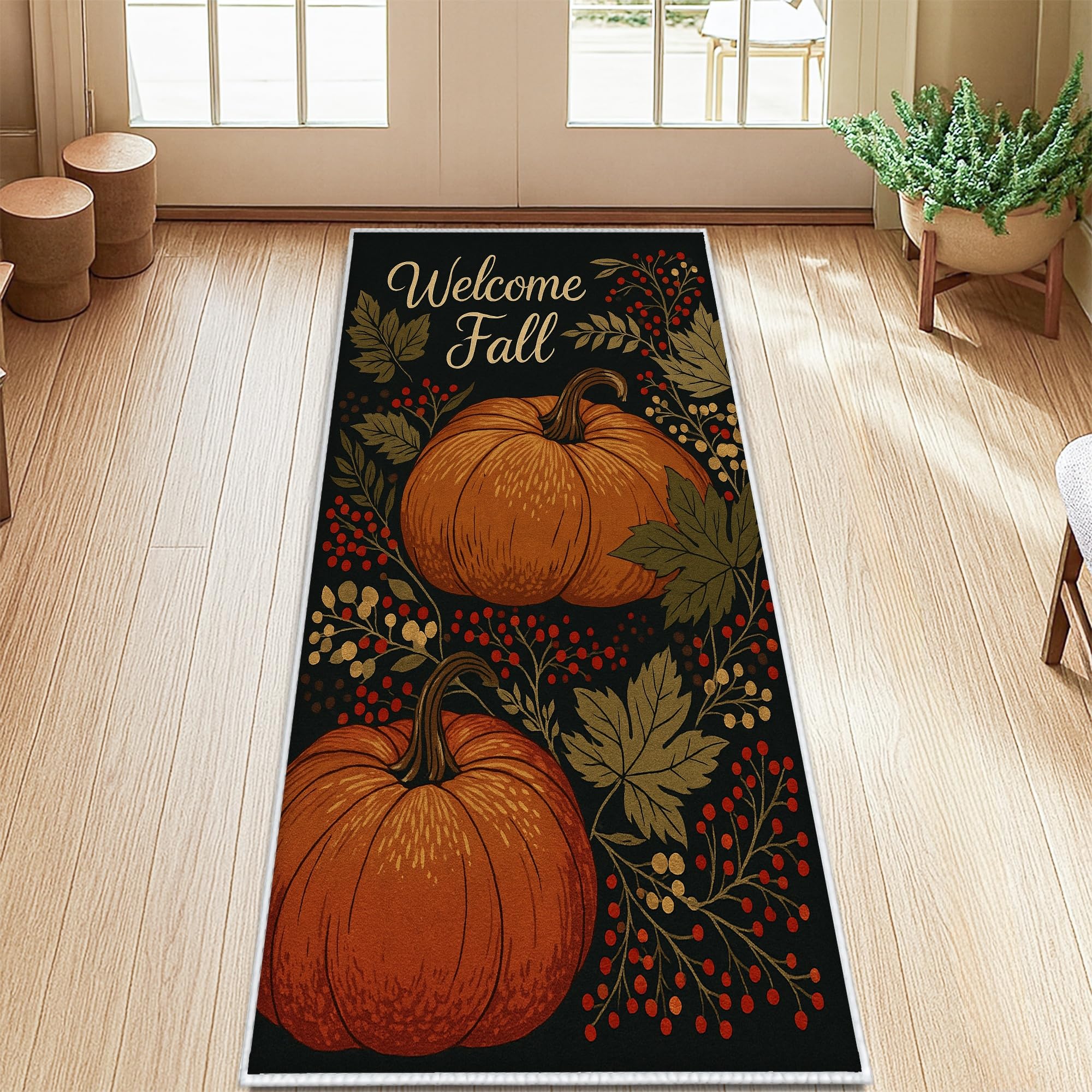 Tapis de couloir citrouille rustique orange en poils ras pour décoration entrée