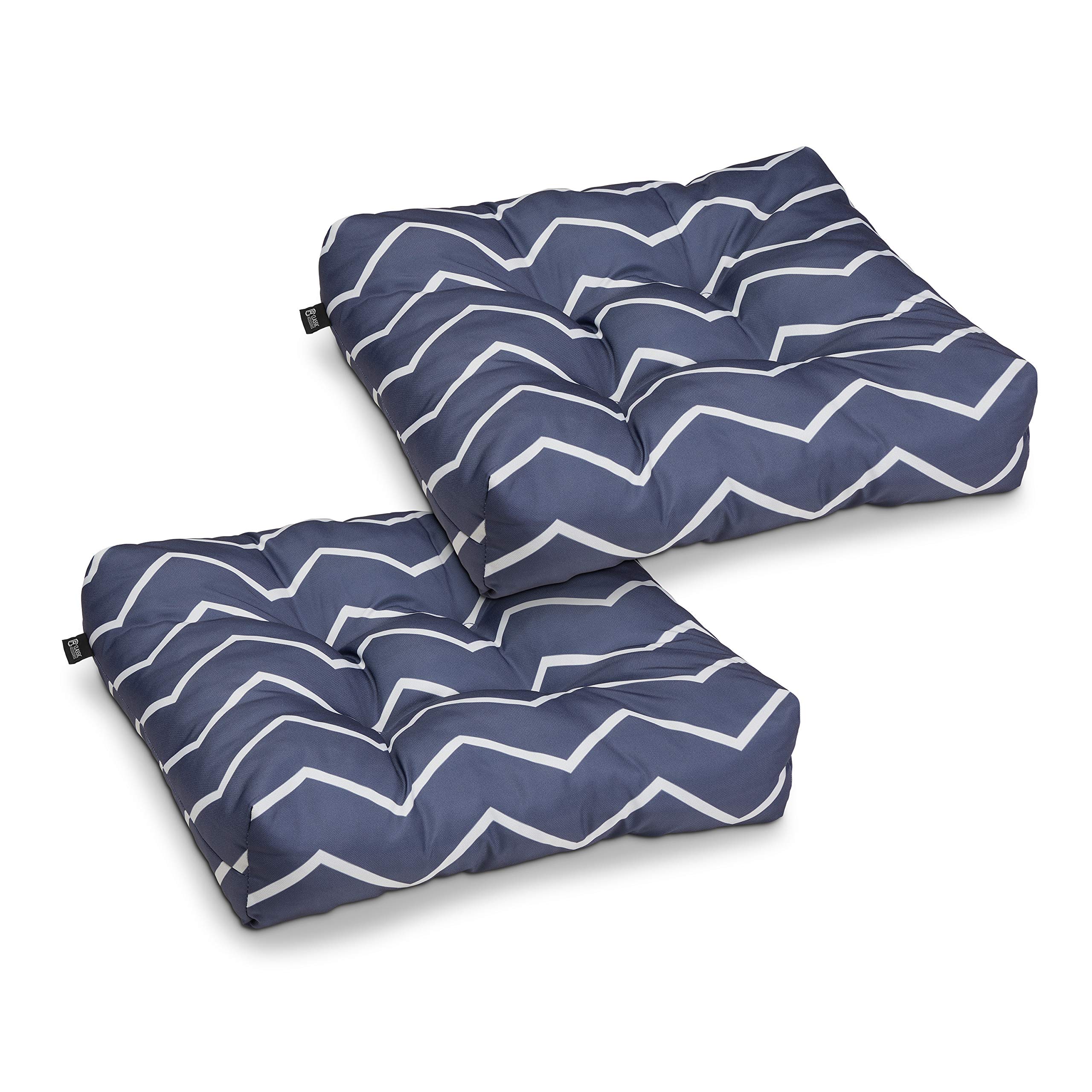 classic accessories water-resistant square patio seat cushions, 19 x 19 x 5 inch, 2 pack, navy chevron